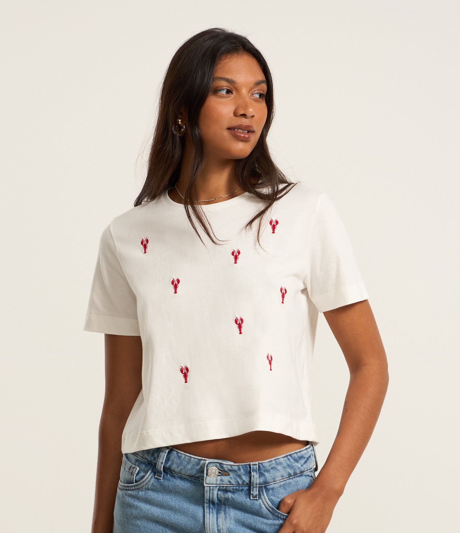Camiseta em Algodão Com Bordados de Lagosta Branco 1