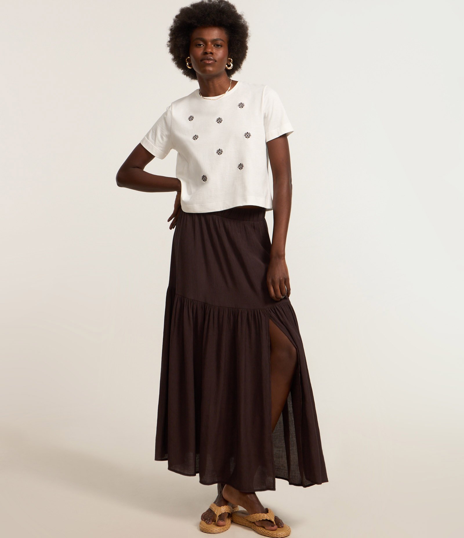 Camiseta em Algodão com Bordados de Flor Branco 2