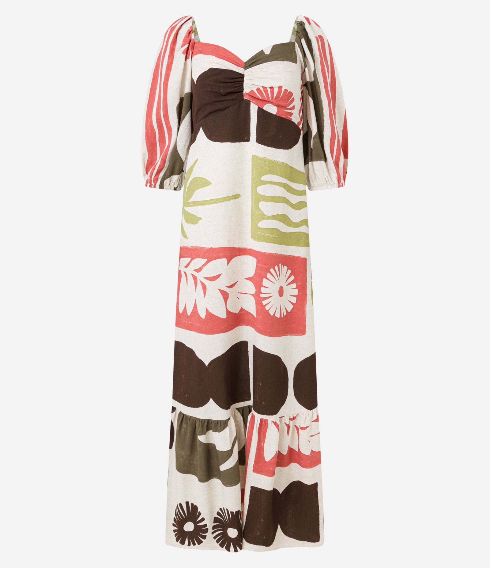 Vestido Midi Evasê com Manga Bufante com Estampa de Ícones Laranja/Bege/Marrom 5