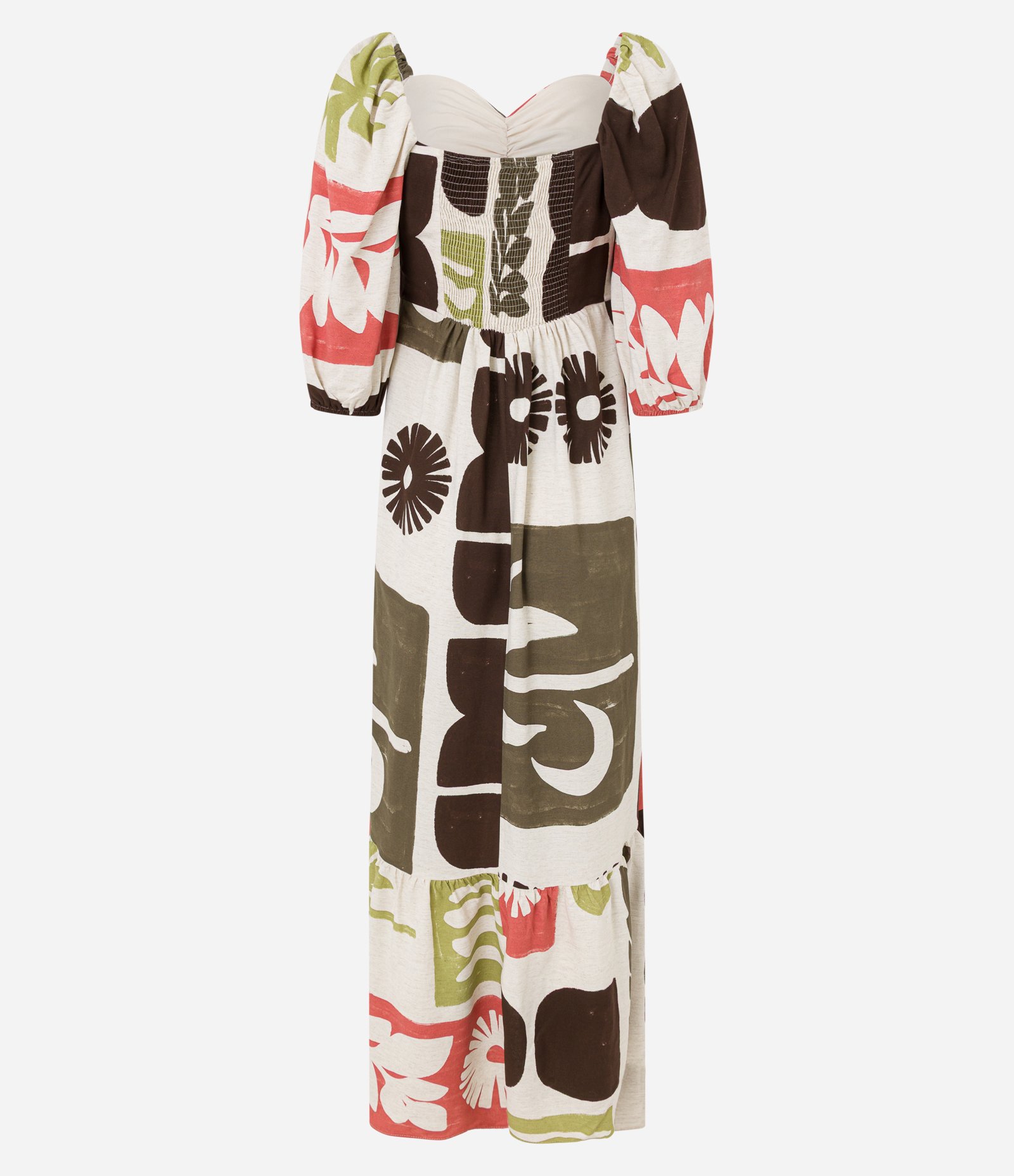 Vestido Midi Evasê com Manga Bufante com Estampa de Ícones Laranja/Bege/Marrom 6