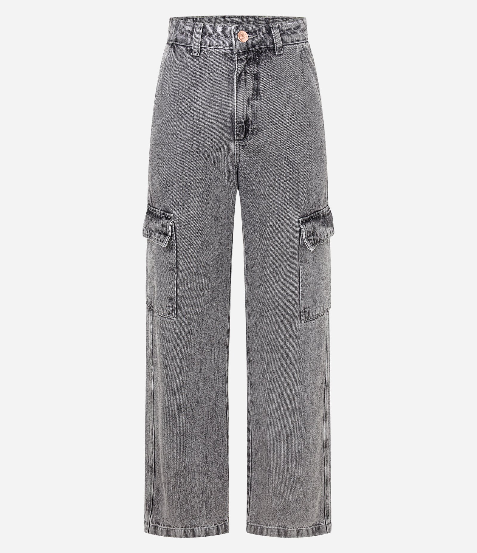 Calça Reta Comfort em Jeans com Bolsos Cargo Cinza 7