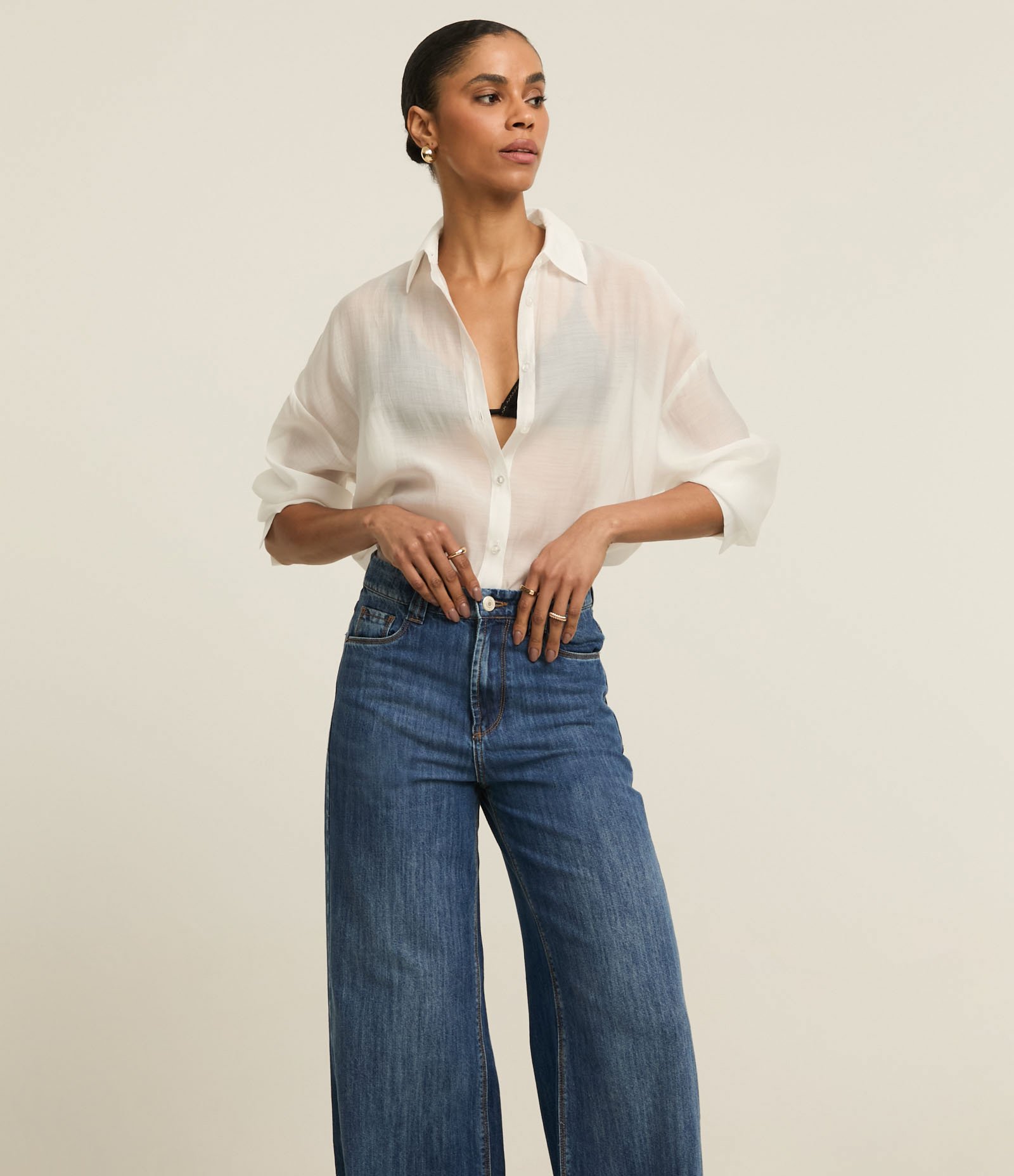 Calça Wide Leg em Jeans com Cós Alfaiatado Azul Médio 2