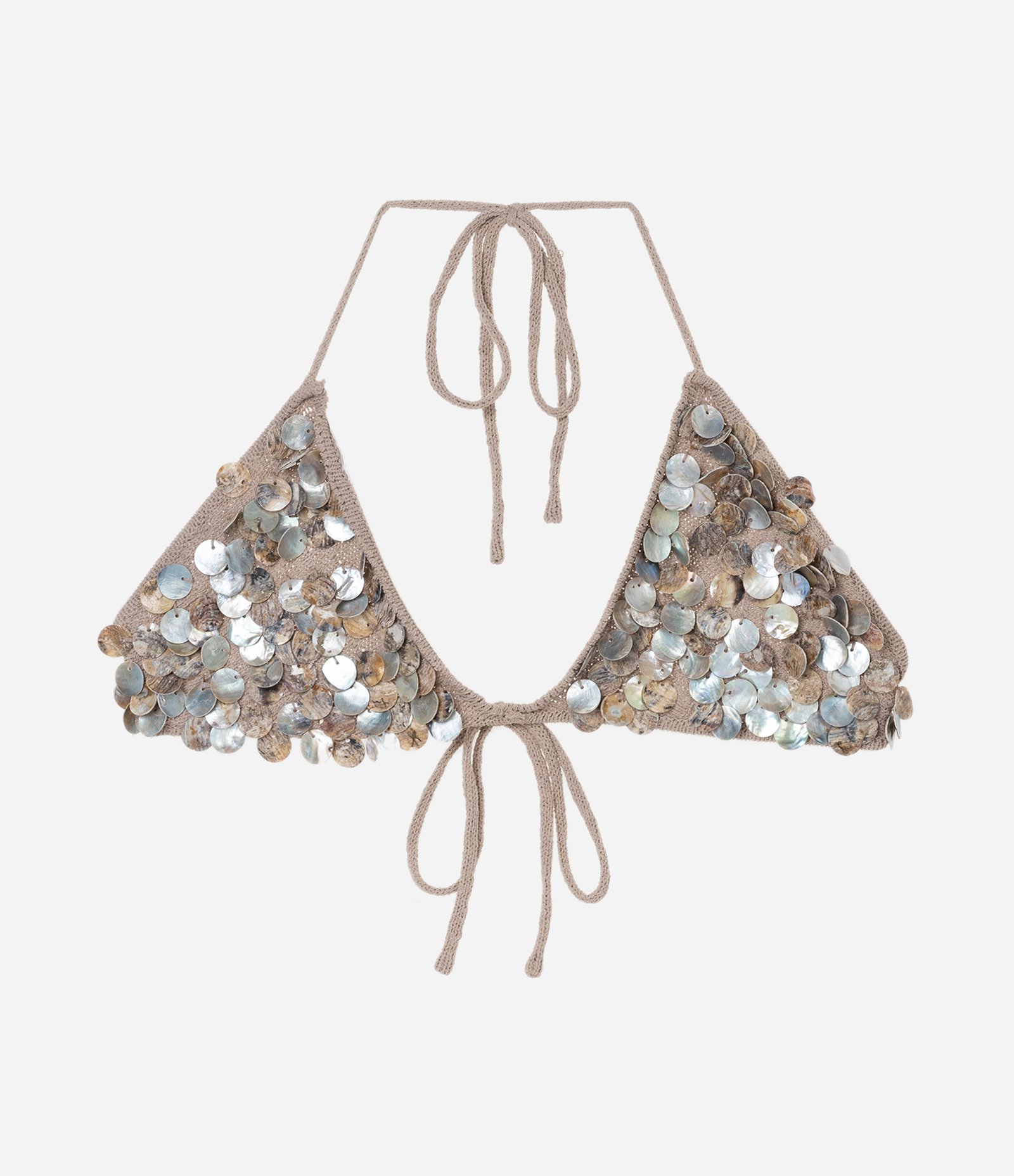 Biquíni Top Triangulo Fixo de Efeito Crochê com Medalhas de Madrepérola Bege 7