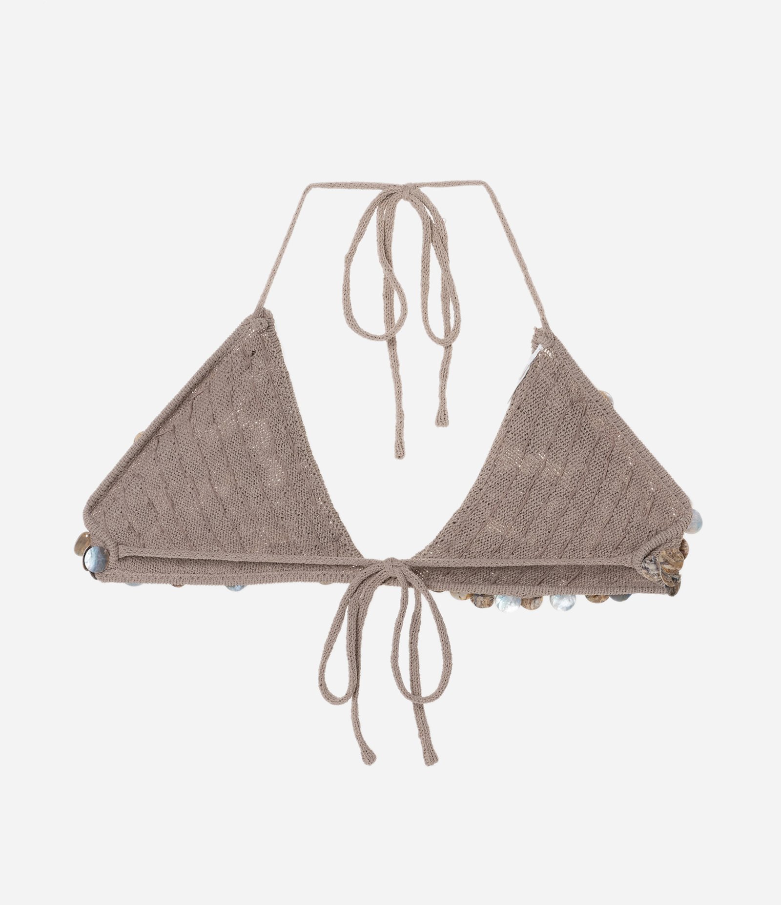 Biquíni Top Triangulo Fixo de Efeito Crochê com Medalhas de Madrepérola Bege 8