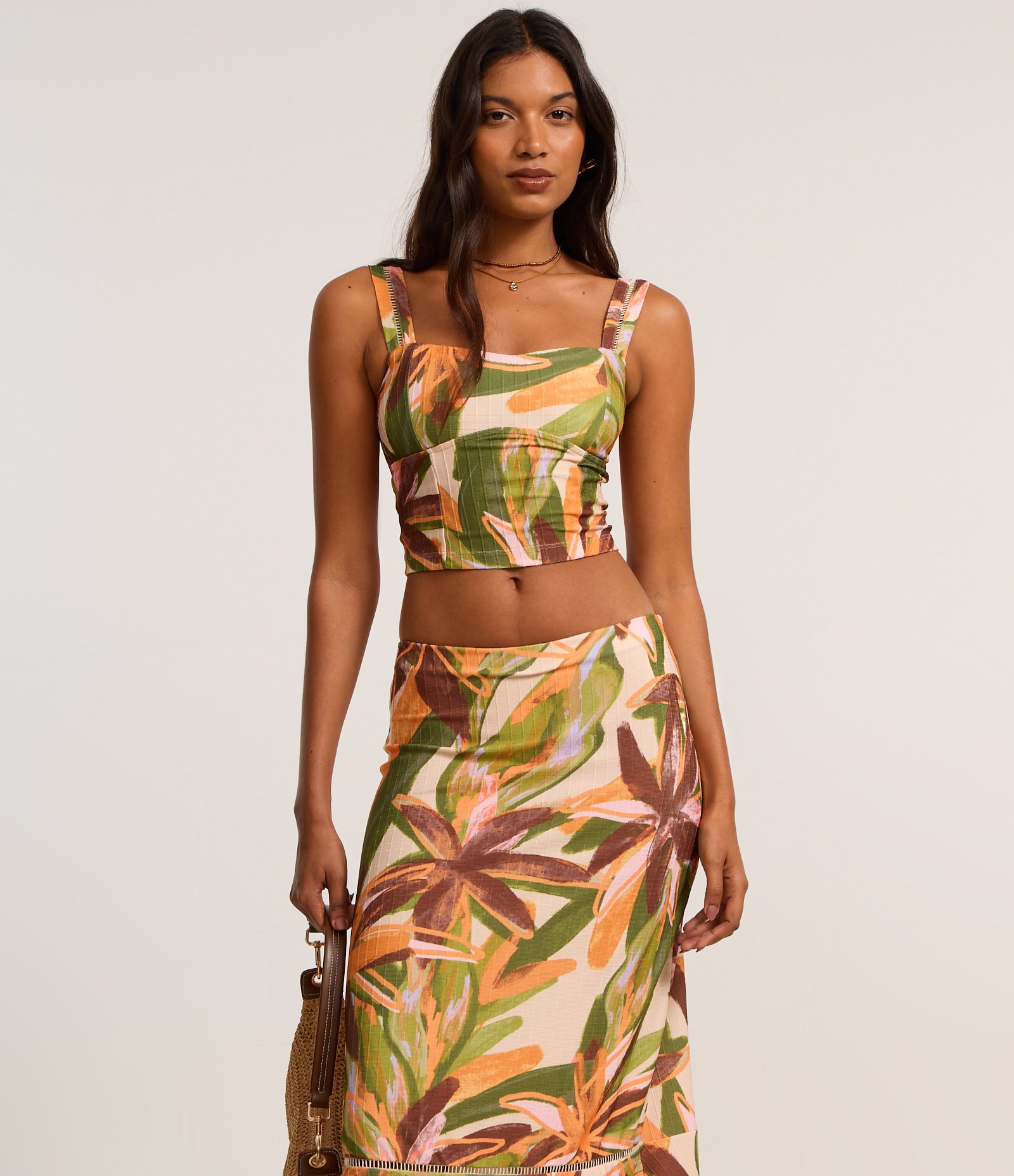 Saia New Midi Evasê Texturizada com Estampa Folhagens Multicores 2