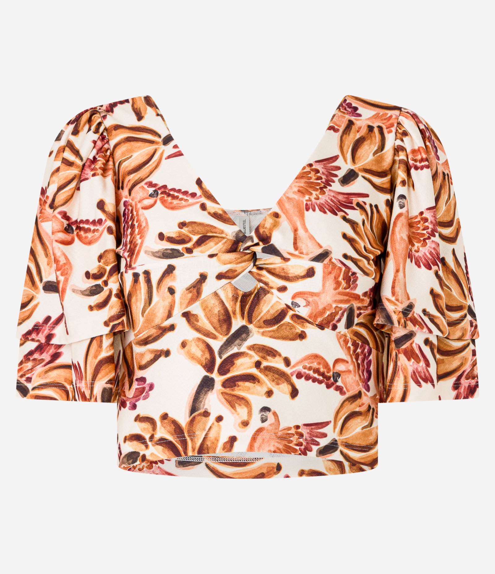 Blusa Cropped Texturizada com Busto Torcido e Estampa Bananas Laranja 1