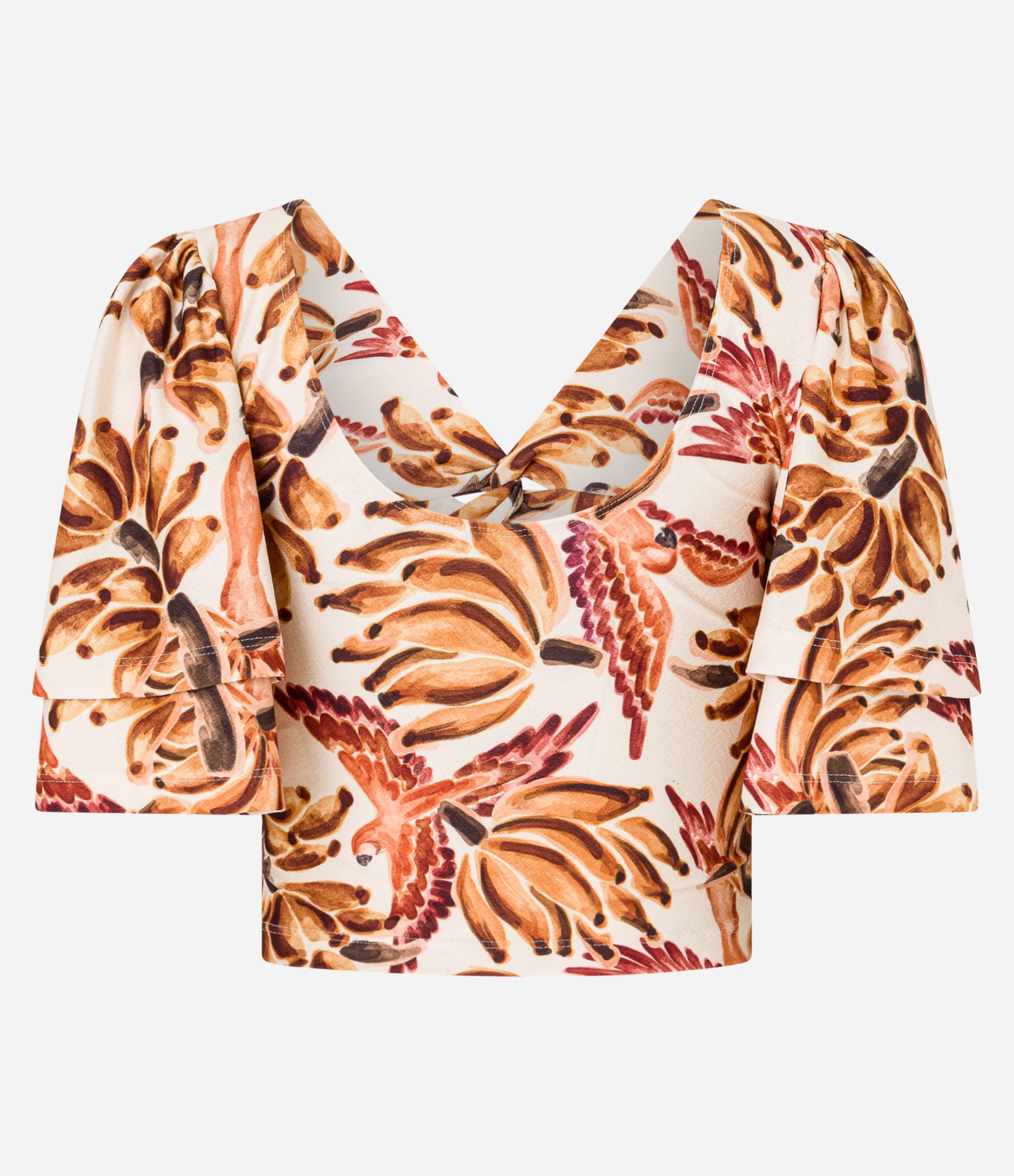 Blusa Cropped Texturizada com Busto Torcido e Estampa Bananas Laranja 2