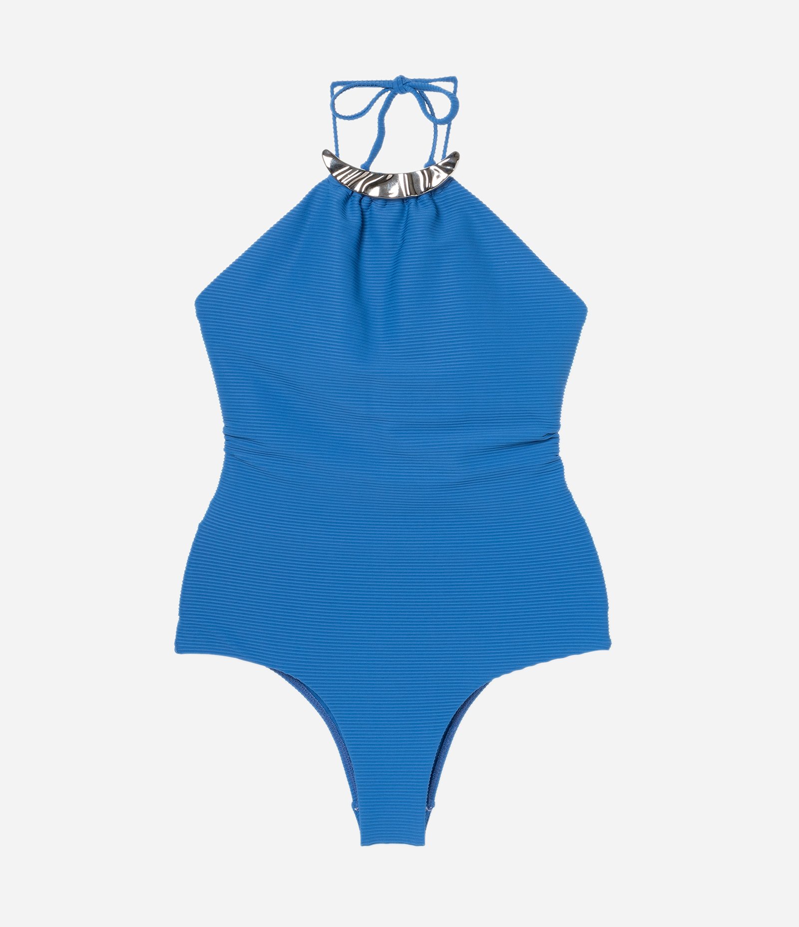 Maiô Frente Única em Microfibra Canelada com Aviamento Metalizado Azul 4