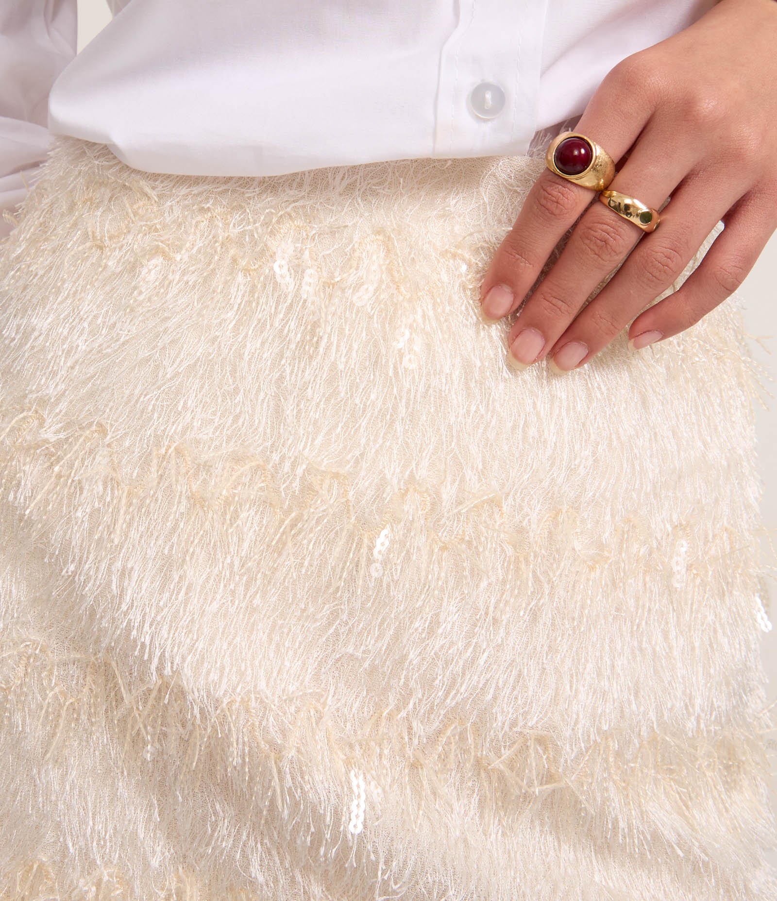 Saia Curta com Franjas e Paetês Off White 4