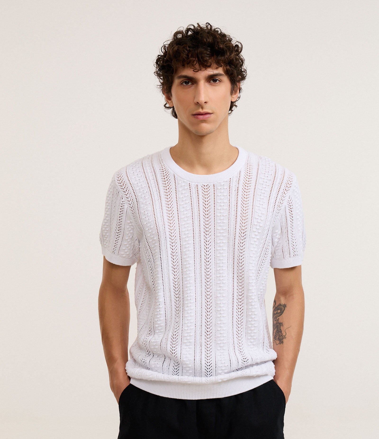 Camiseta Regular em Algodão com Textura Efeito Tricô Branco 1