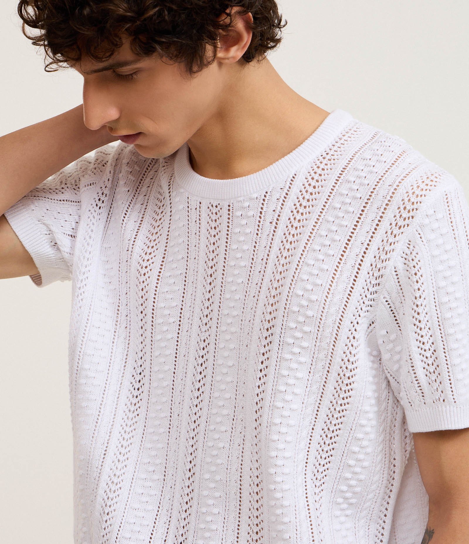 Camiseta Regular em Algodão com Textura Efeito Tricô Branco 3