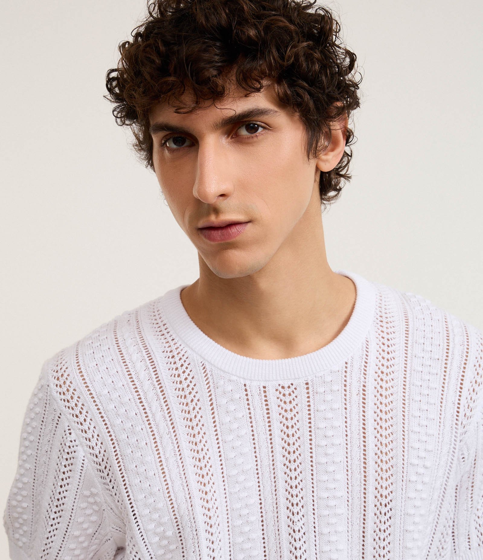 Camiseta Regular em Algodão com Textura Efeito Tricô Branco 4