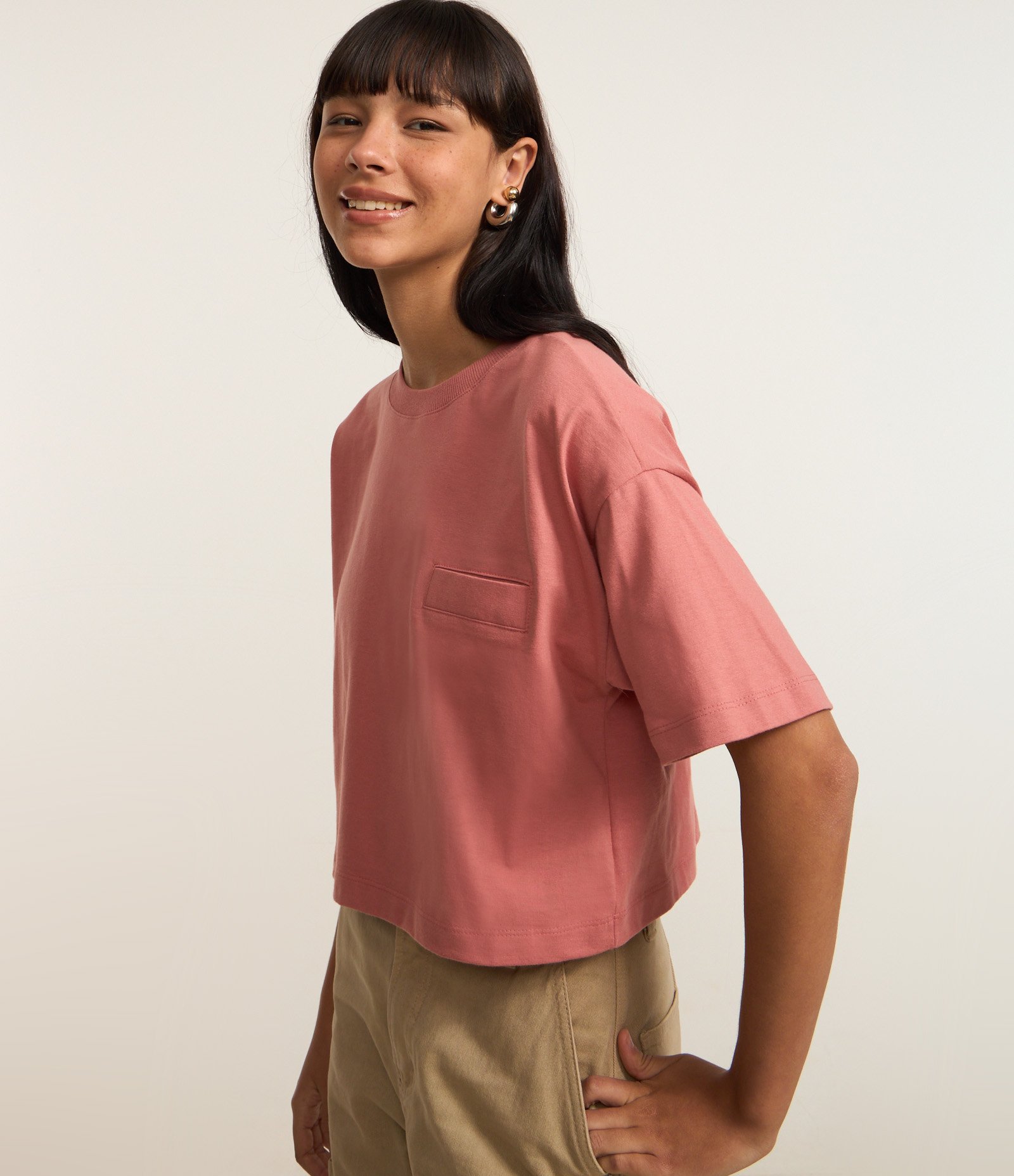 Camiseta Curta em Algodão com Bolsinho e Mangas Largas Rosa 3