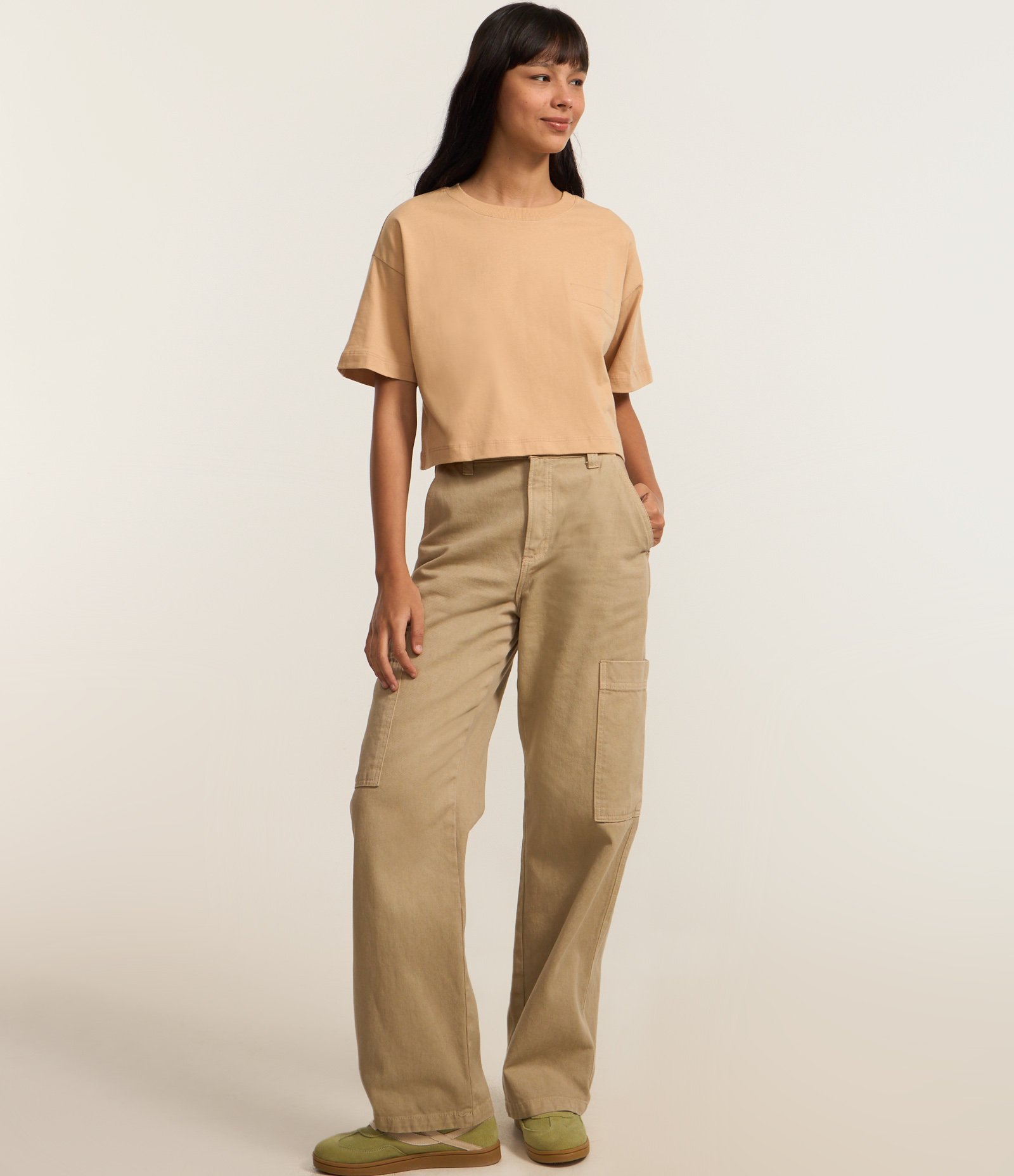 Camiseta Curta em Algodão com Bolsinho e Mangas Largas Laranja 2