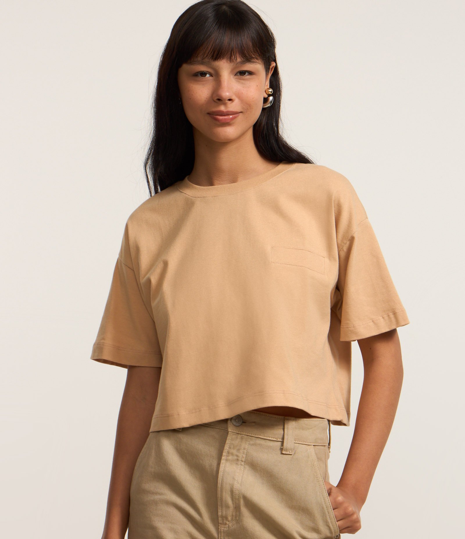 Camiseta Curta em Algodão com Bolsinho e Mangas Largas Laranja 3