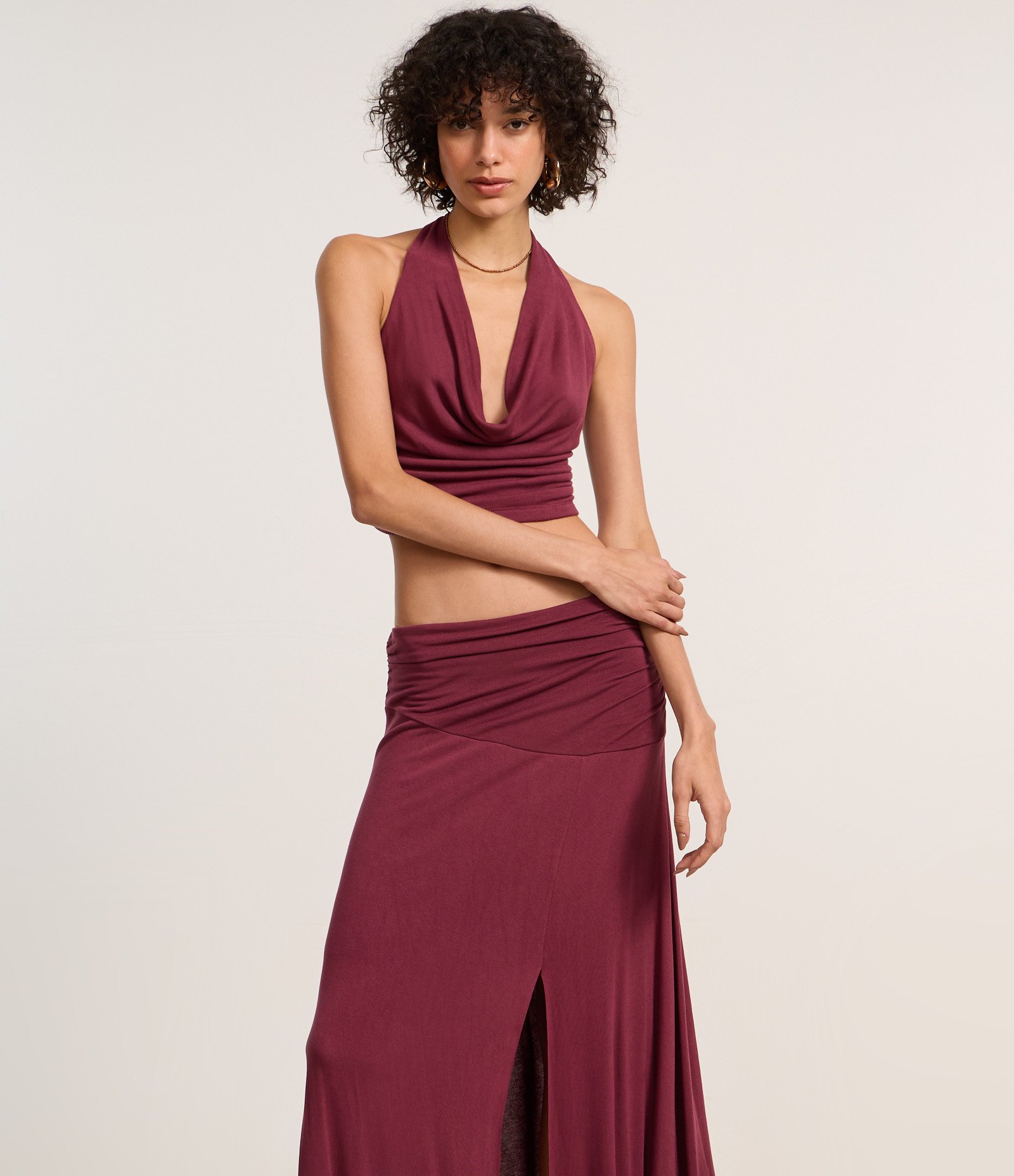 Saia Long Midi em Tricô com Cós Franzido Bordô 2