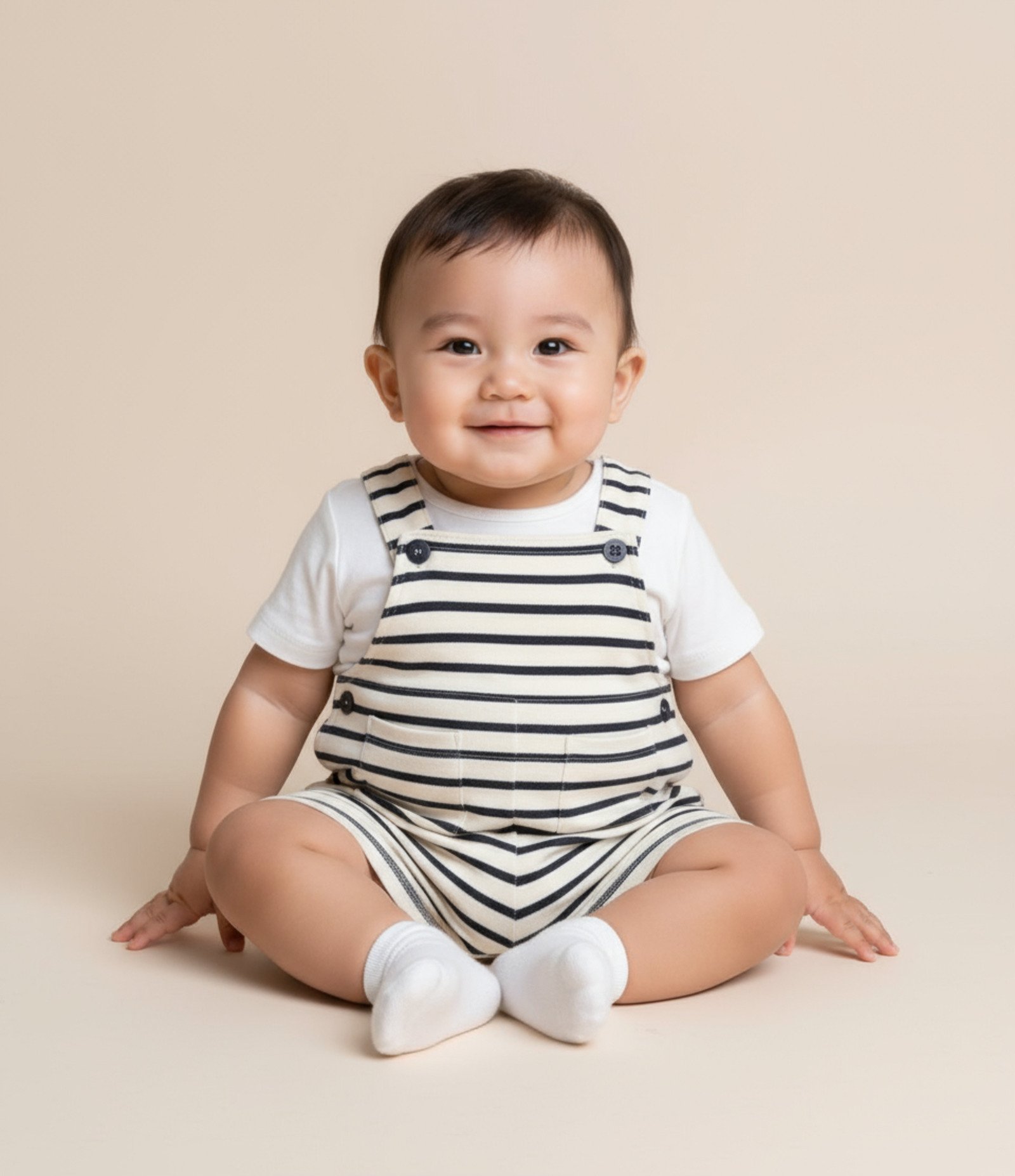 Jardineira Infantil com Estampa Listrada - Tam 0 a 18 meses Branco/Azul 1