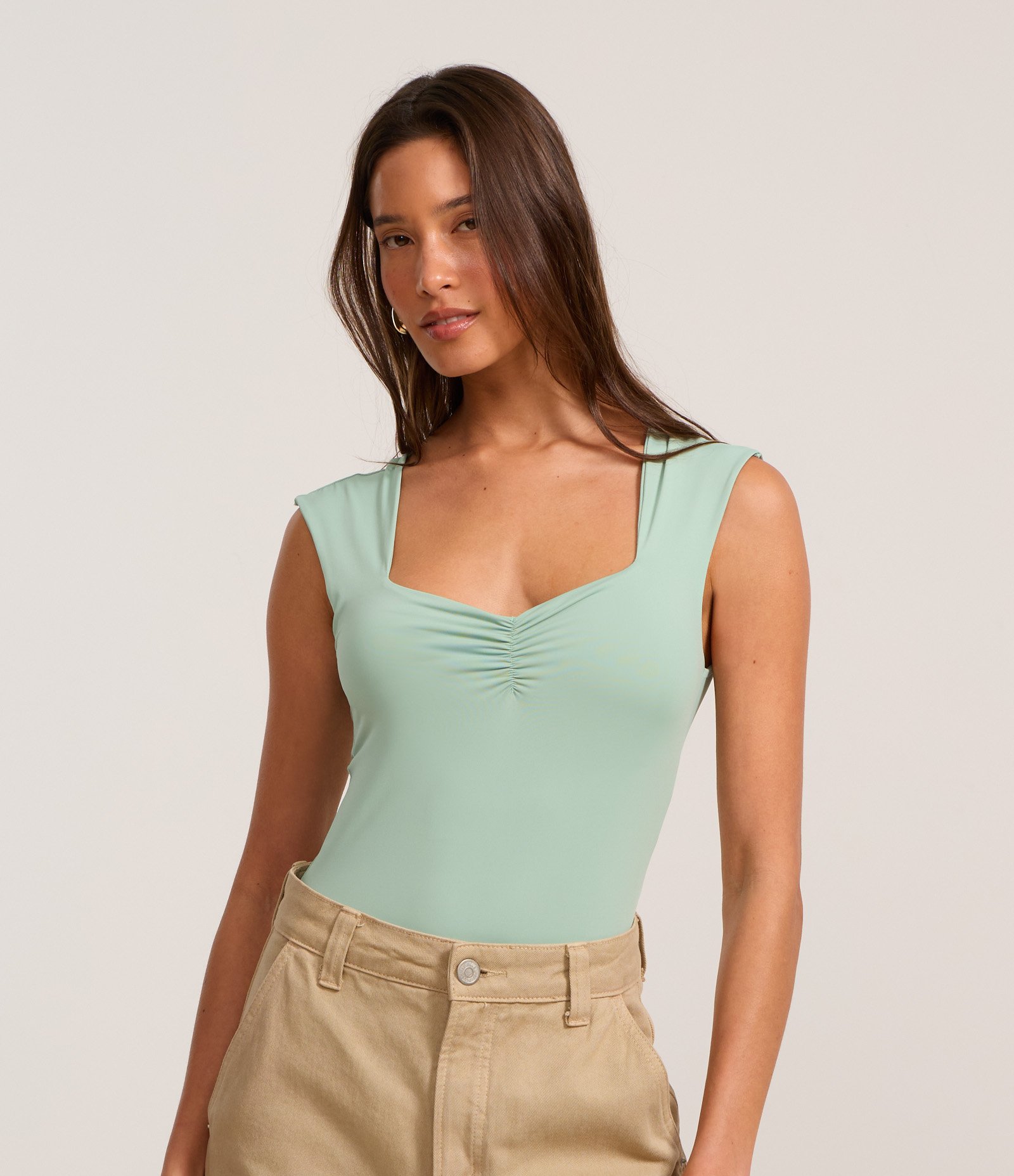 Body em Microfibra com Decote Coração Franzidinho Verde Água 1