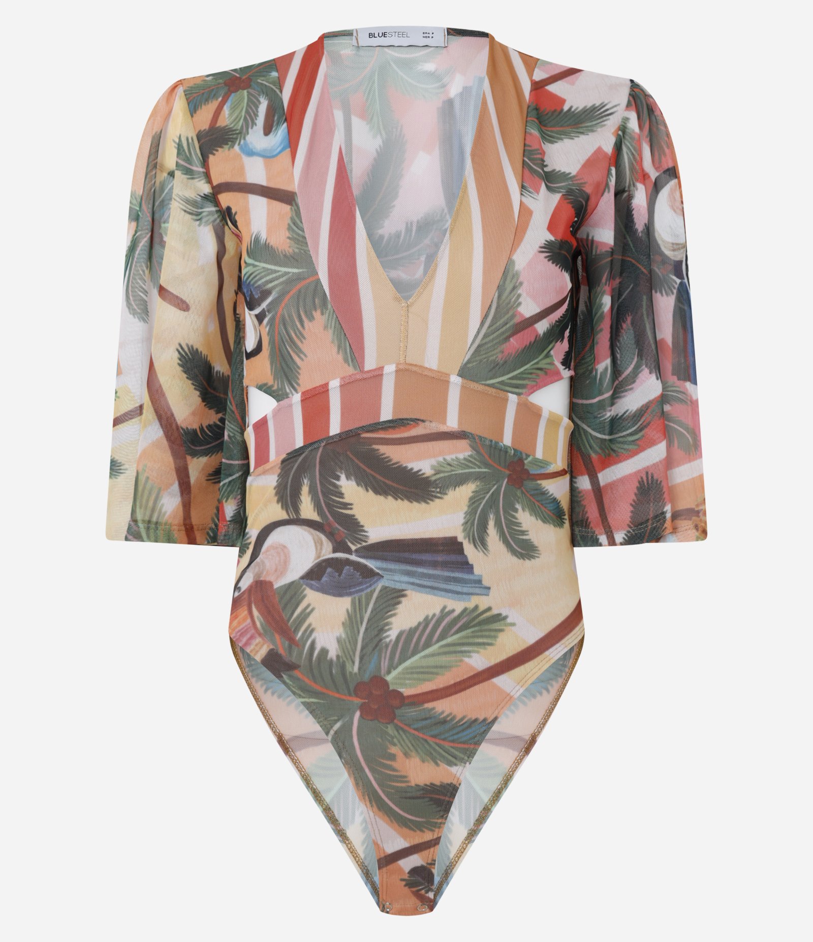 Body em Tule com Manga Ampla e Mix de Estampa Tropical Laranja 4