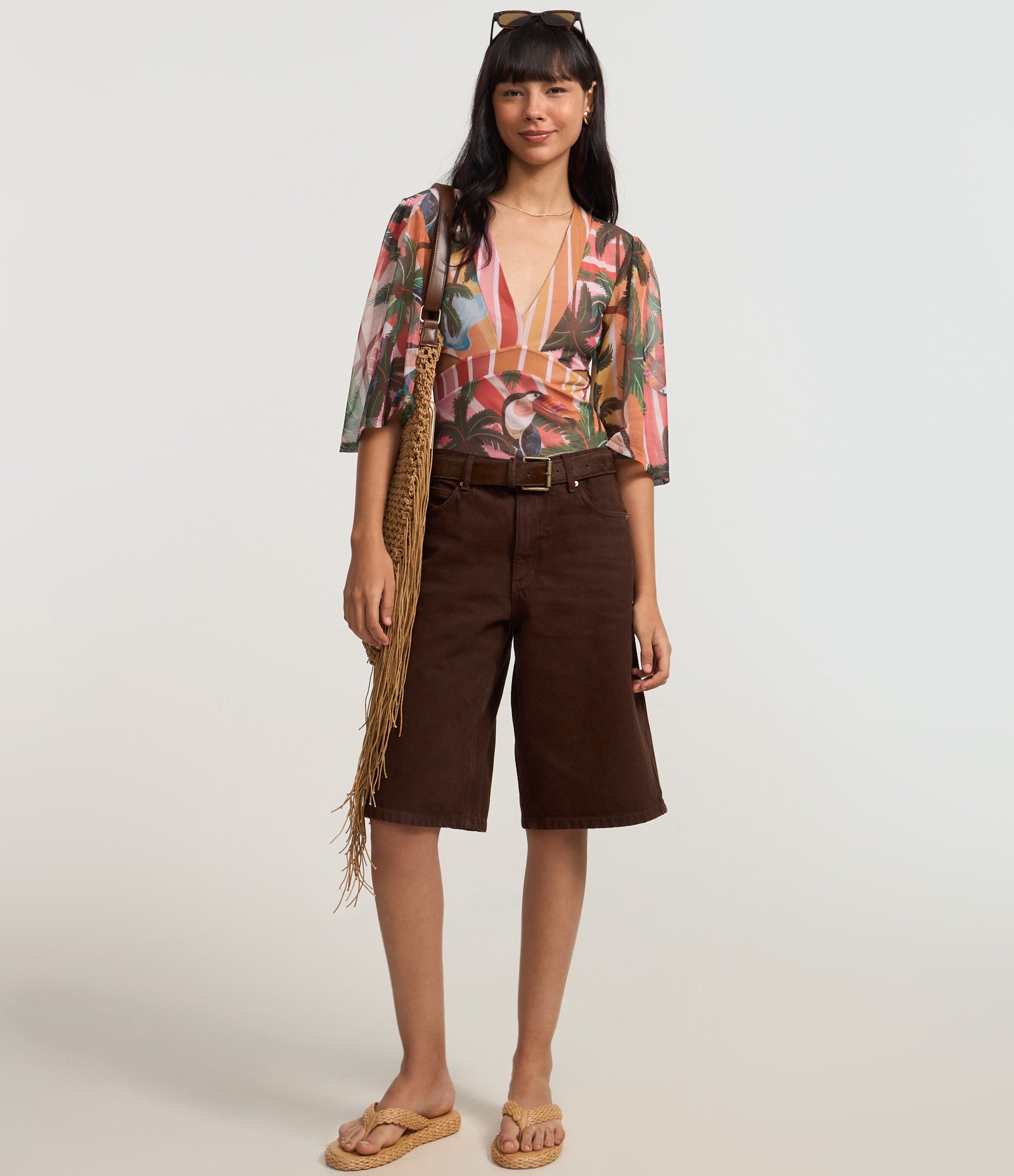 Body em Tule com Manga Ampla e Mix de Estampa Tropical Laranja 2