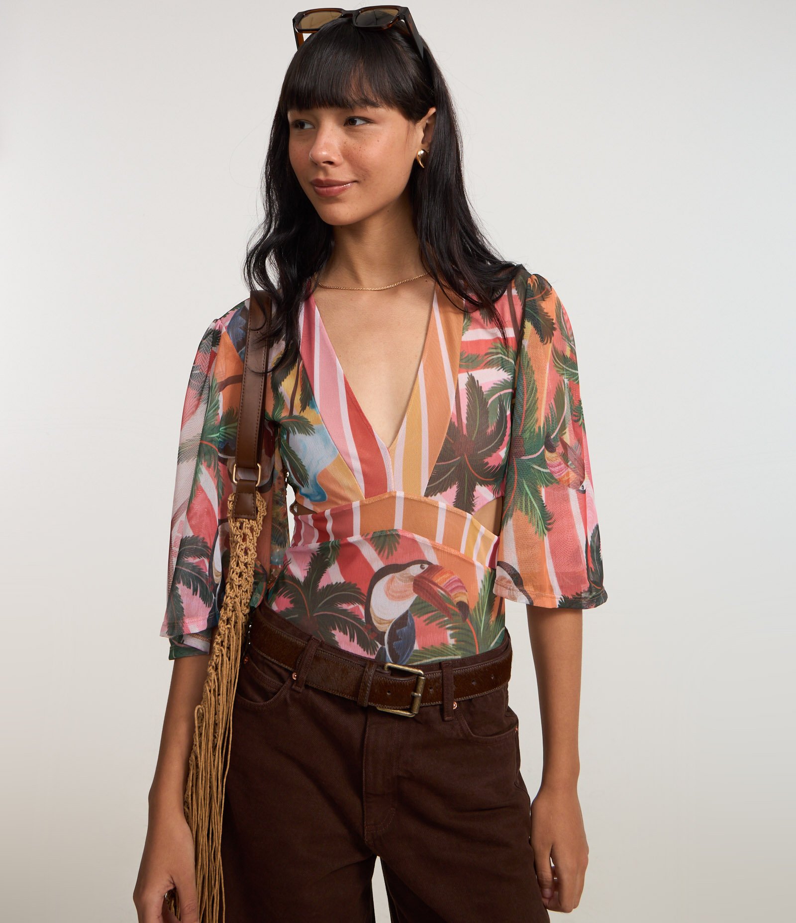 Body em Tule com Manga Ampla e Mix de Estampa Tropical Laranja 3