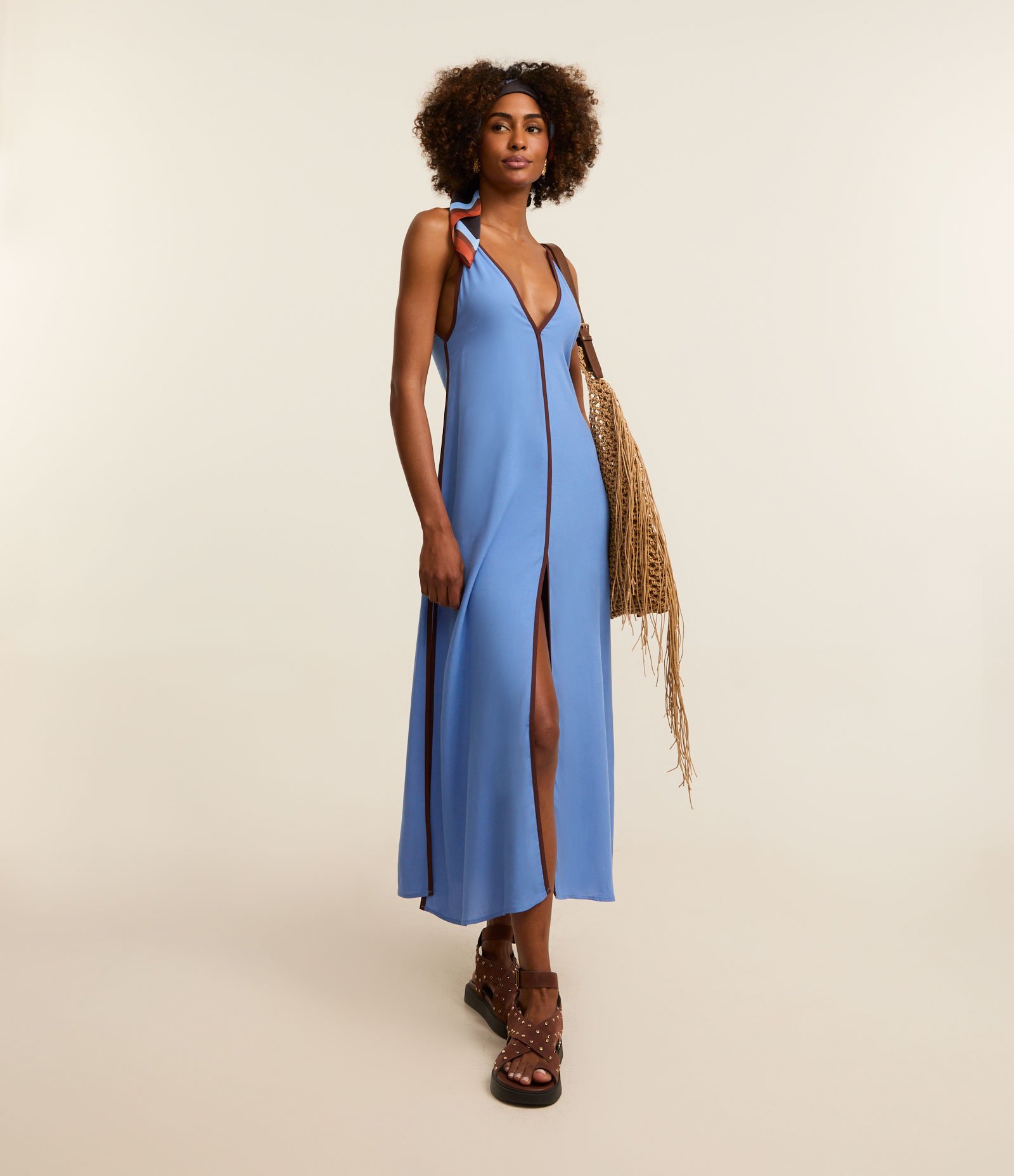 Saída de Praia Bata Alongada em Viscolinho com Vieses Contrastantes Azul 1