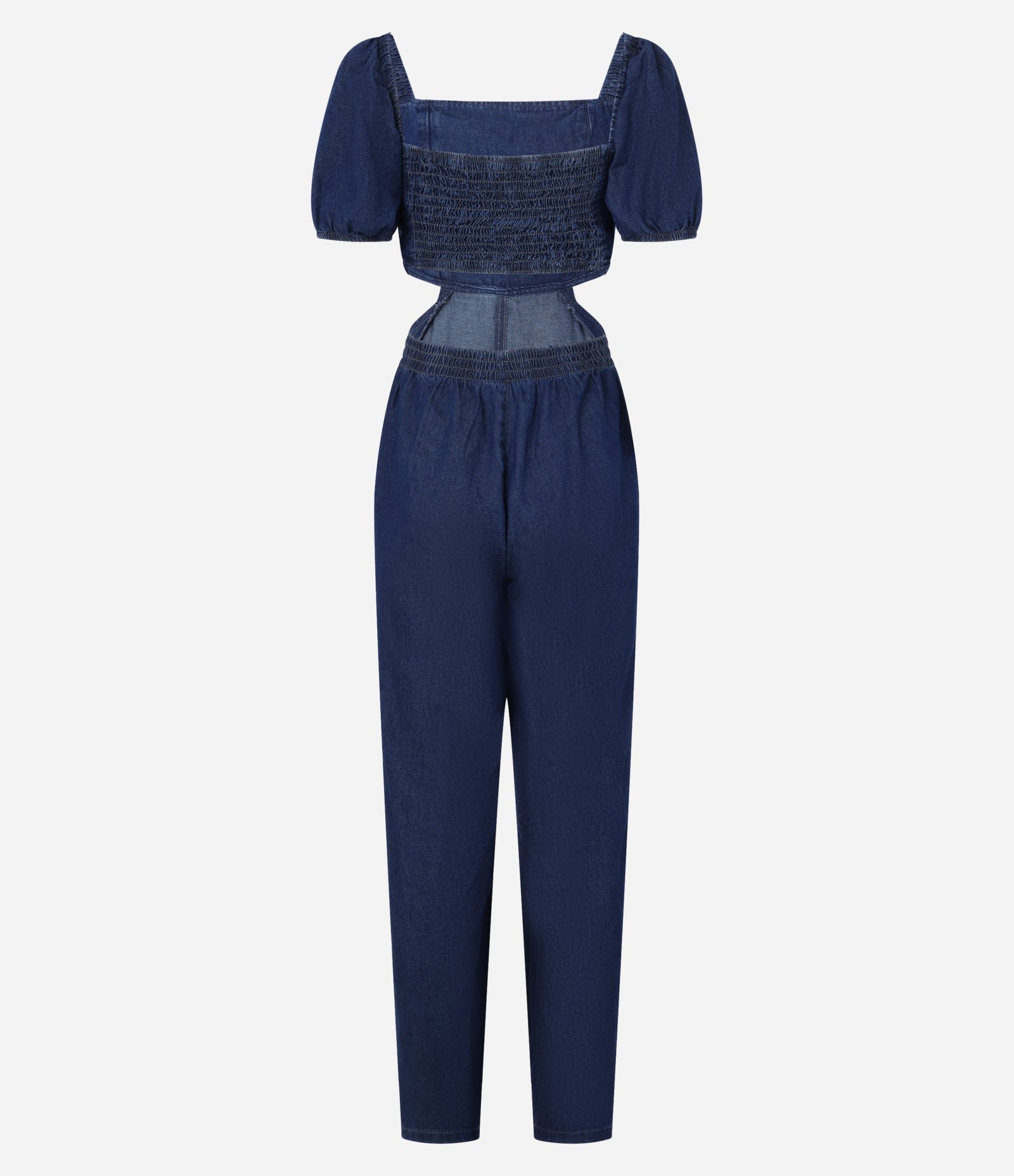 Macacão Jeans com Manga Bufante e Vazado na Cintura Escuro 6