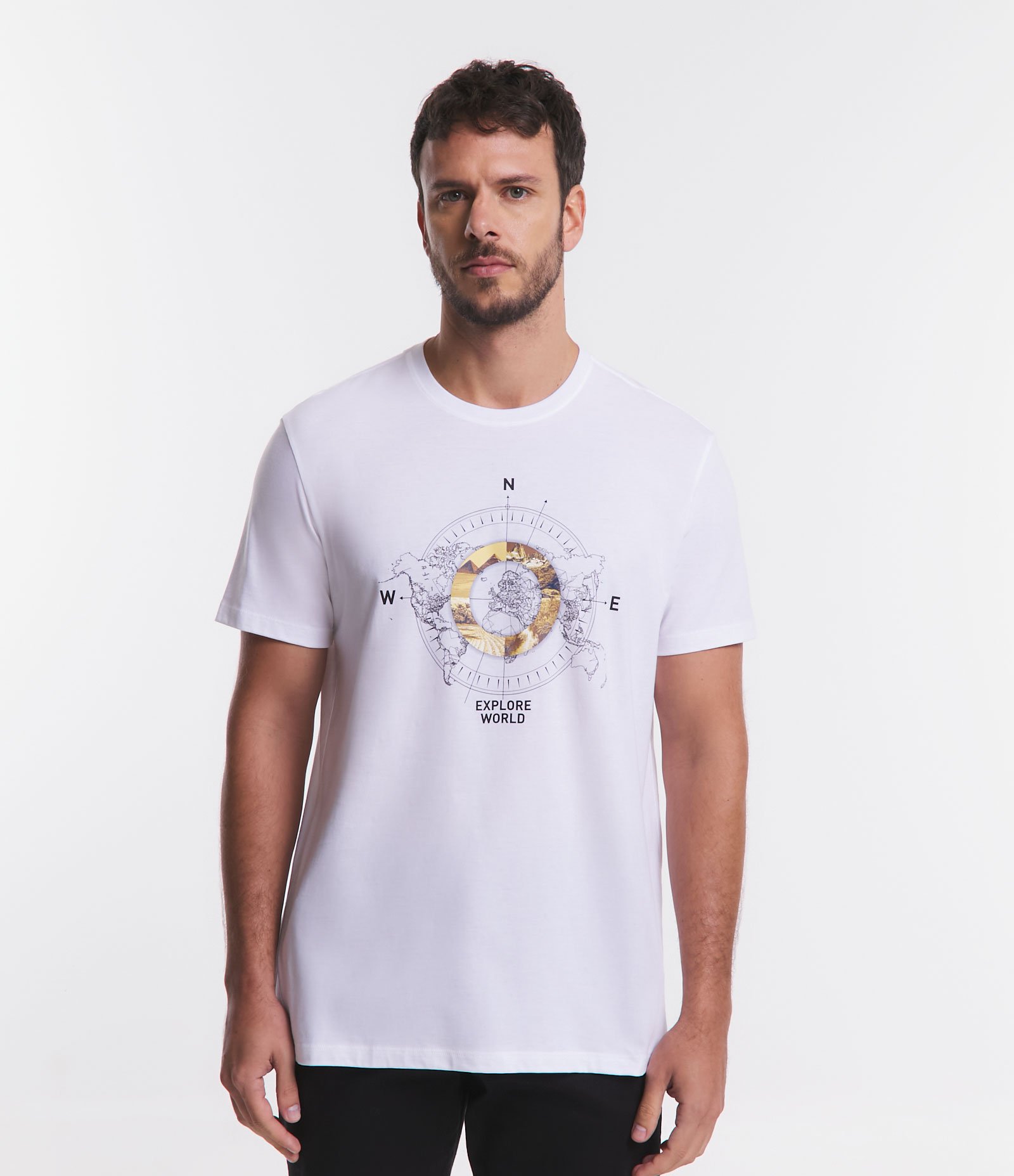 Camiseta Comfort em Algodão com Estampa de Bússola Branco 1