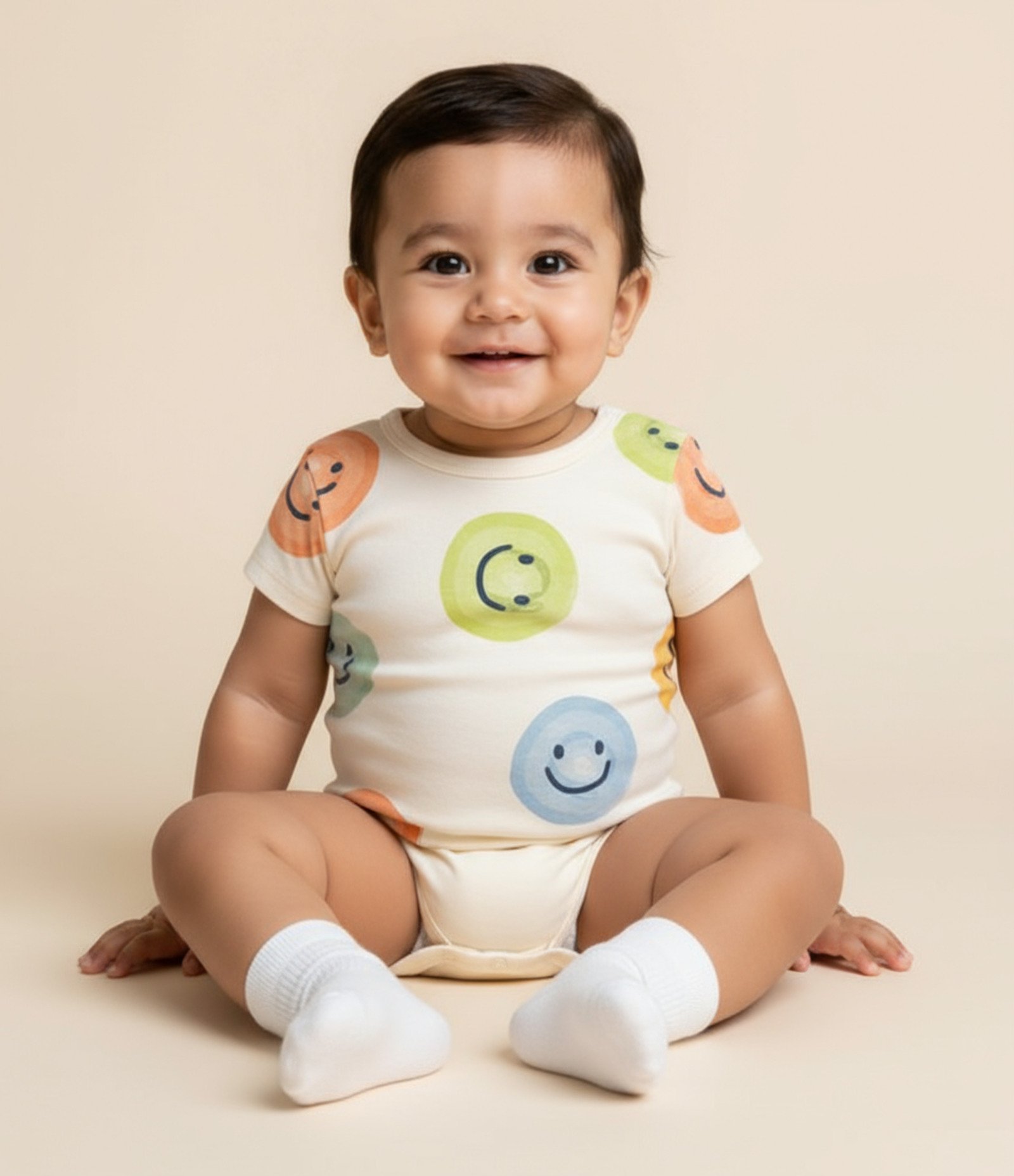 Body Infantil com Estampa Carinha Feliz - Tam 0 a 18 meses Bege 1