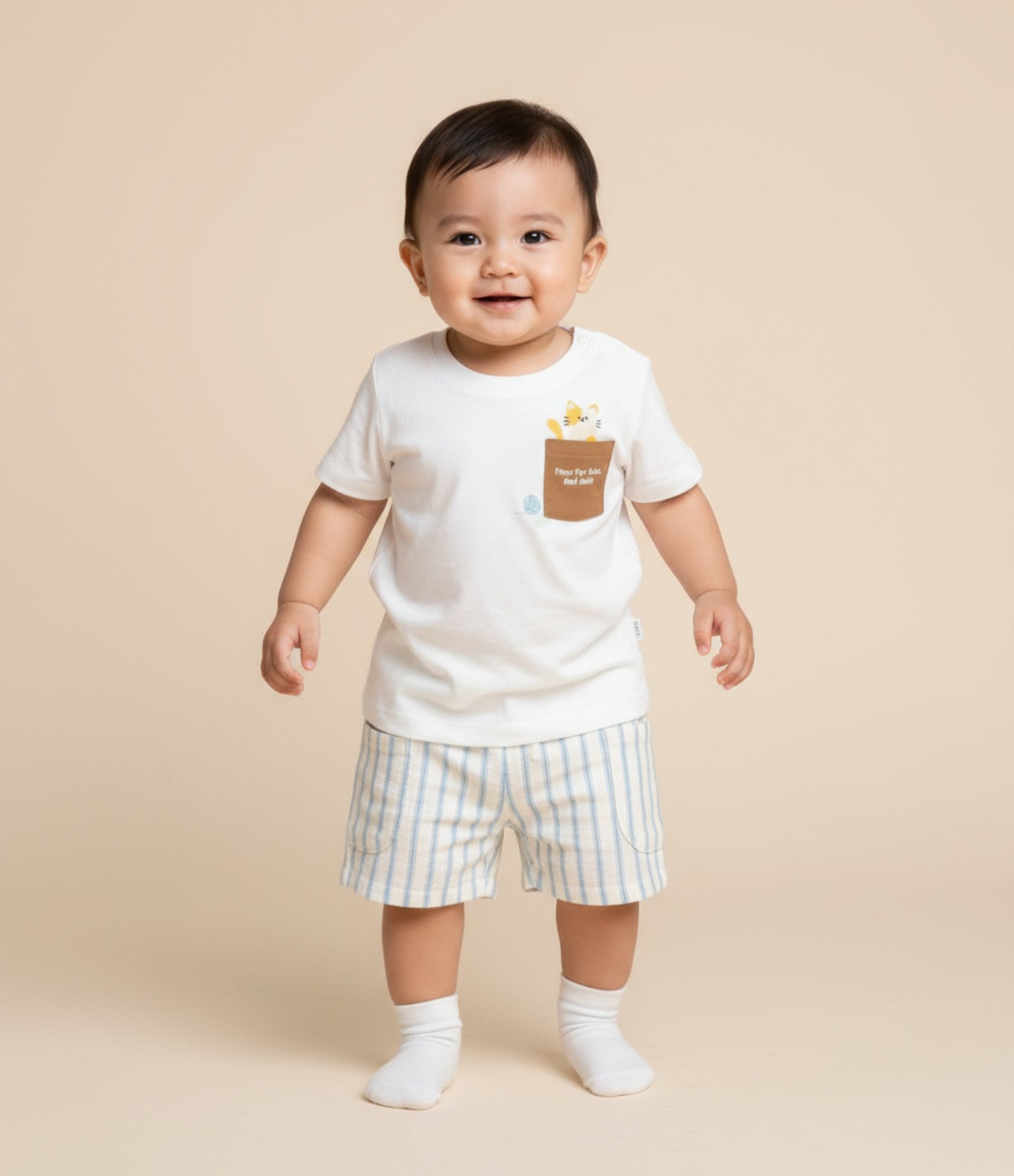 Conjunto Infantil com Bolsinho e Estampa Gatinho - Tam 0 a 18 meses Branco 1