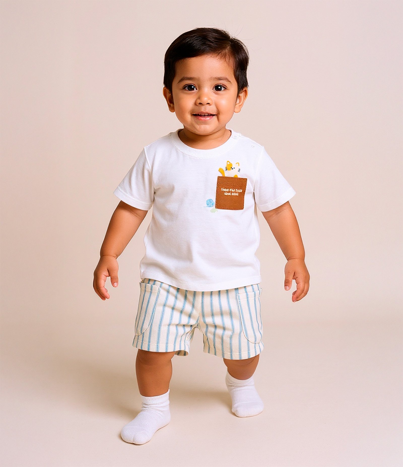 Conjunto Infantil com Bolsinho e Estampa Gatinho - Tam 0 a 18 meses Branco 2
