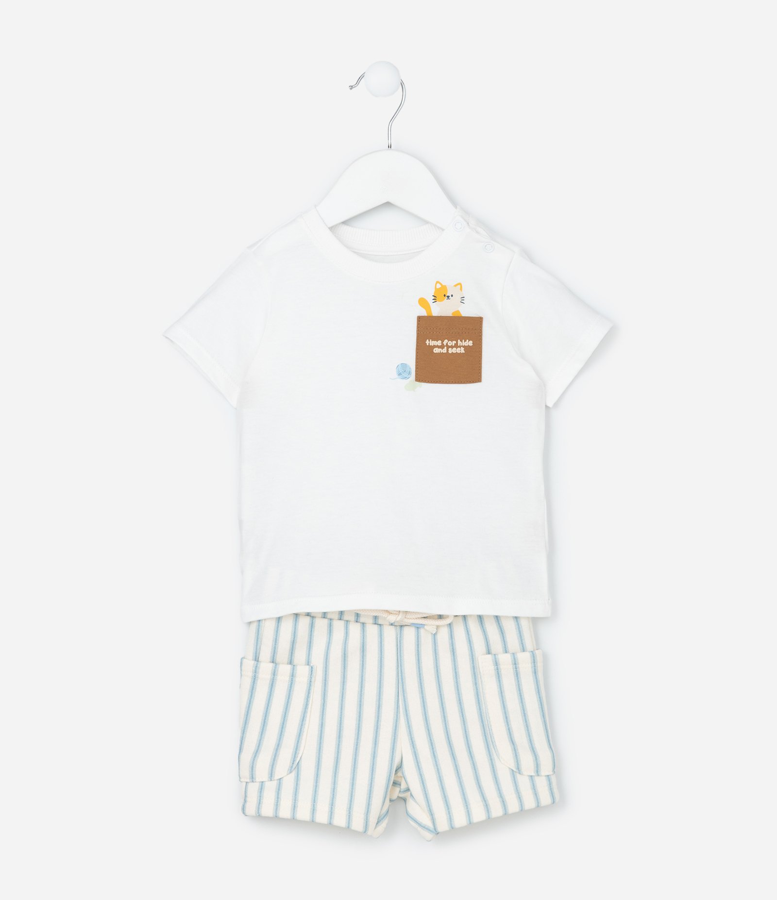 Conjunto Infantil com Bolsinho e Estampa Gatinho - Tam 0 a 18 meses Branco 3