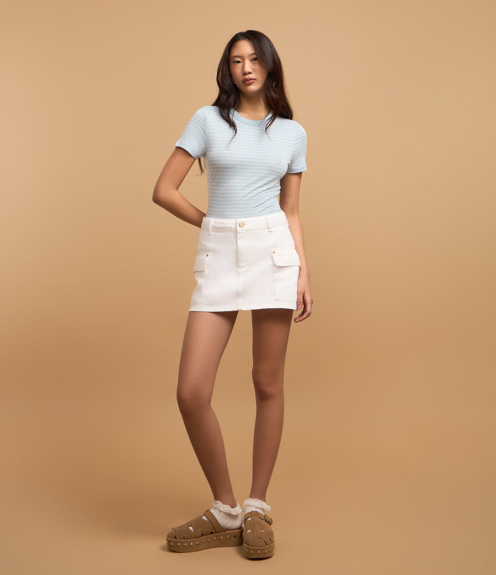 Blusa Cropped em Ribana Básica Listrada Azul 2