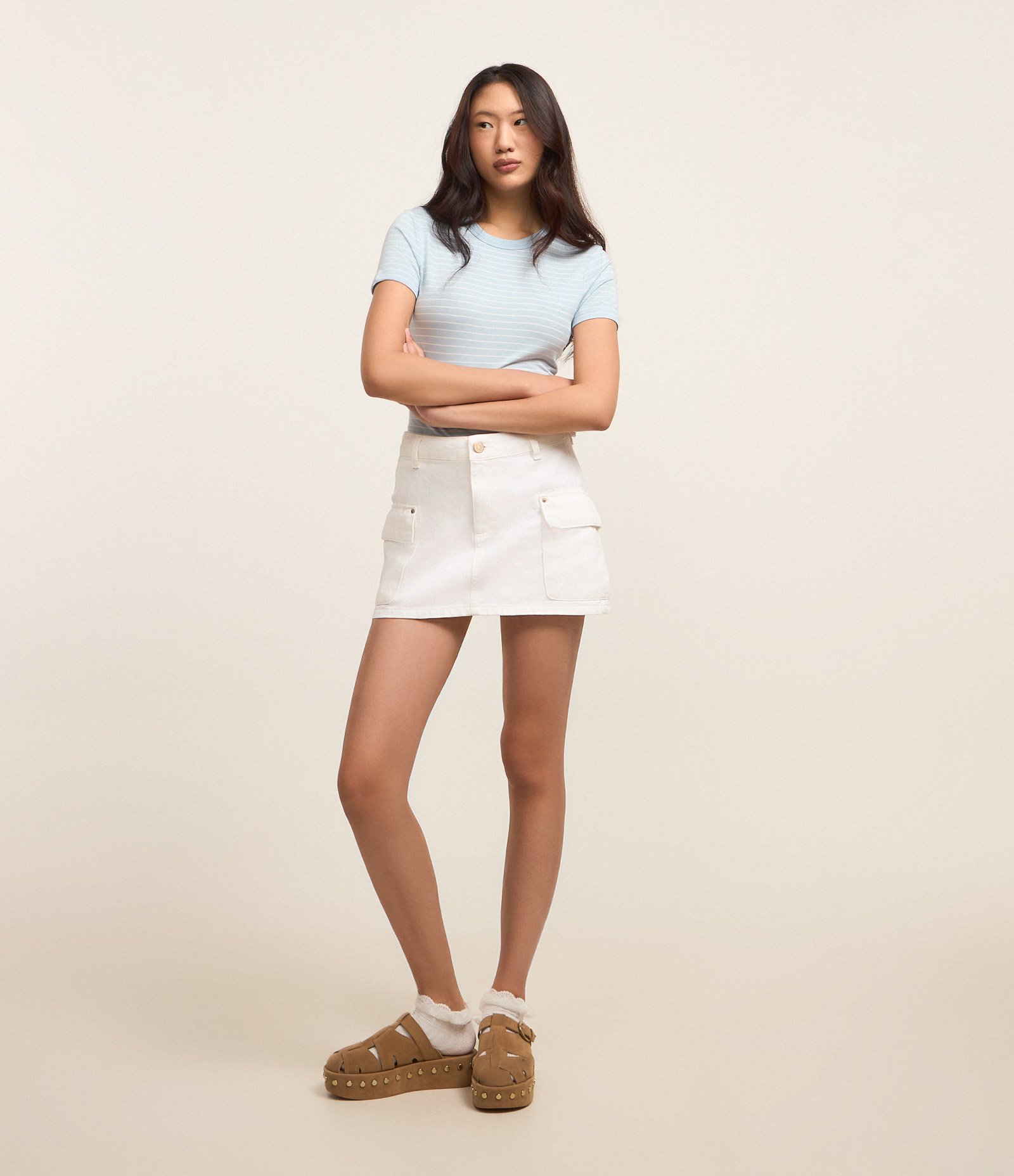 Blusa Cropped em Ribana Básica Listrada Azul 4