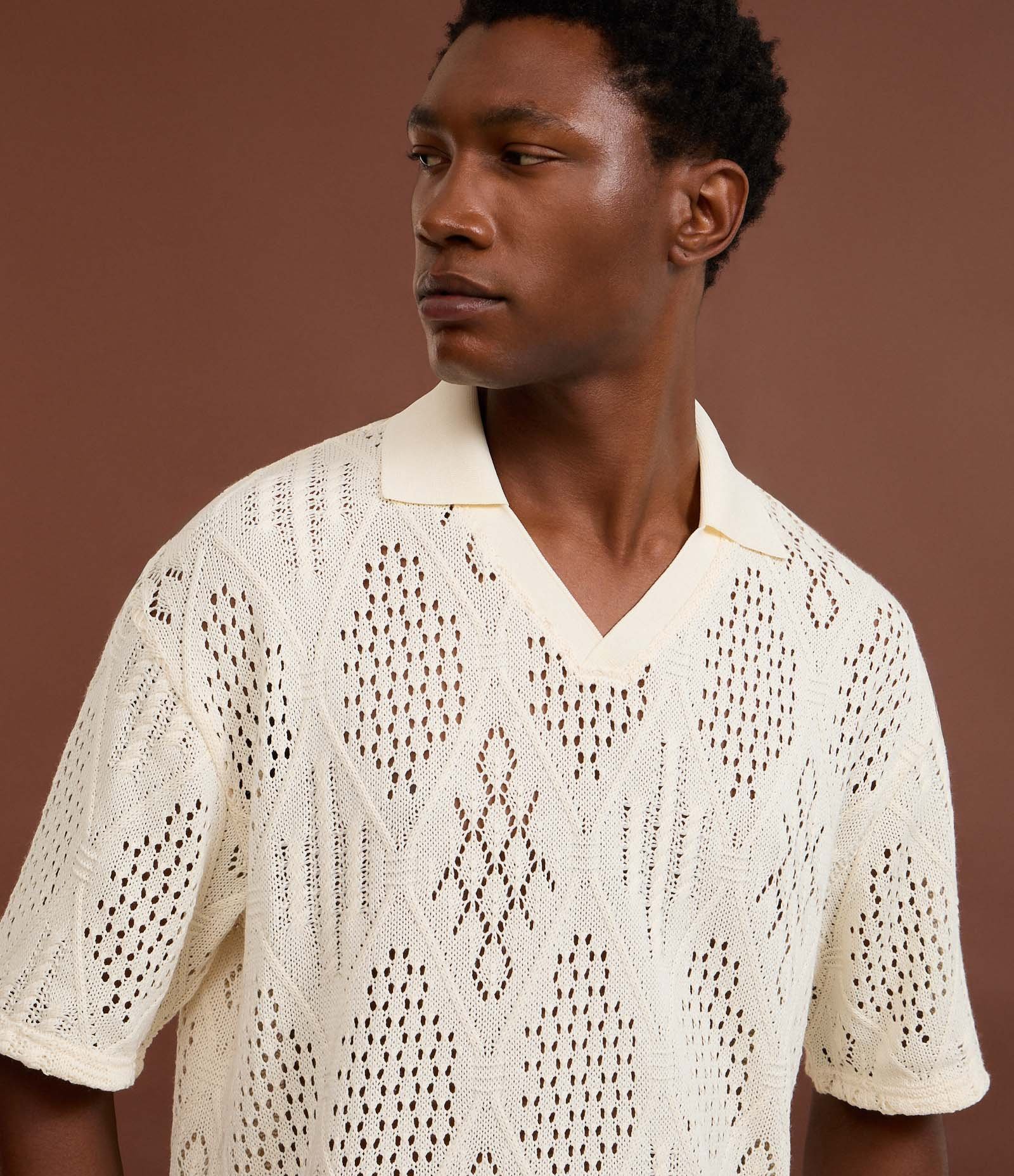 Camisa Polo em Tricô com Textura Ponto Aberto Branco 5