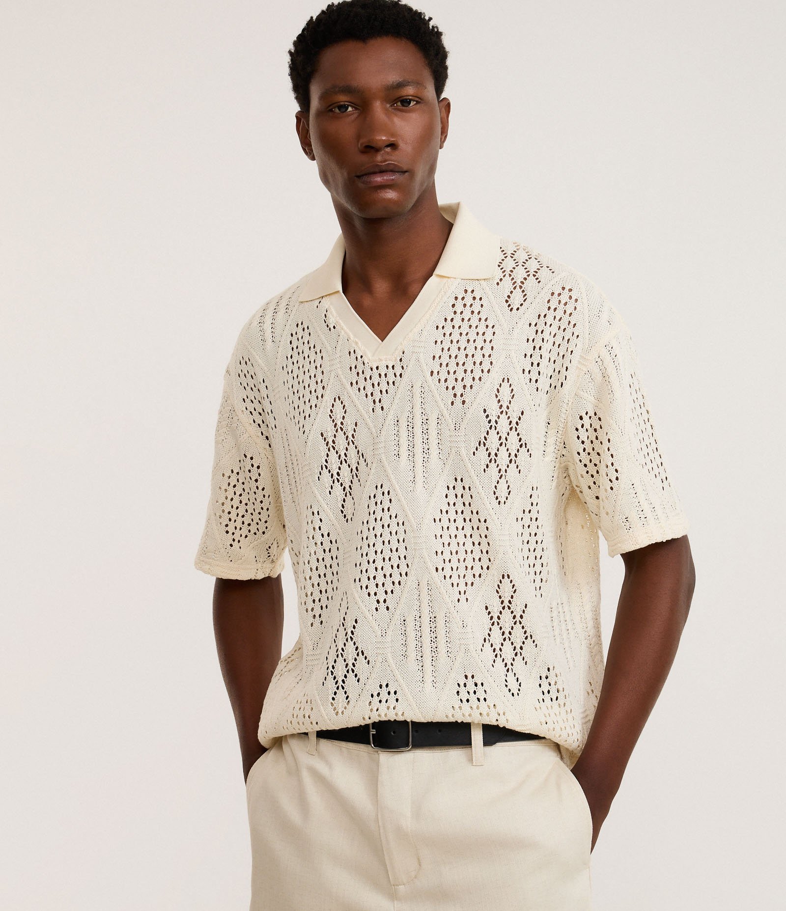 Camisa Polo em Tricô com Textura Ponto Aberto Branco 6