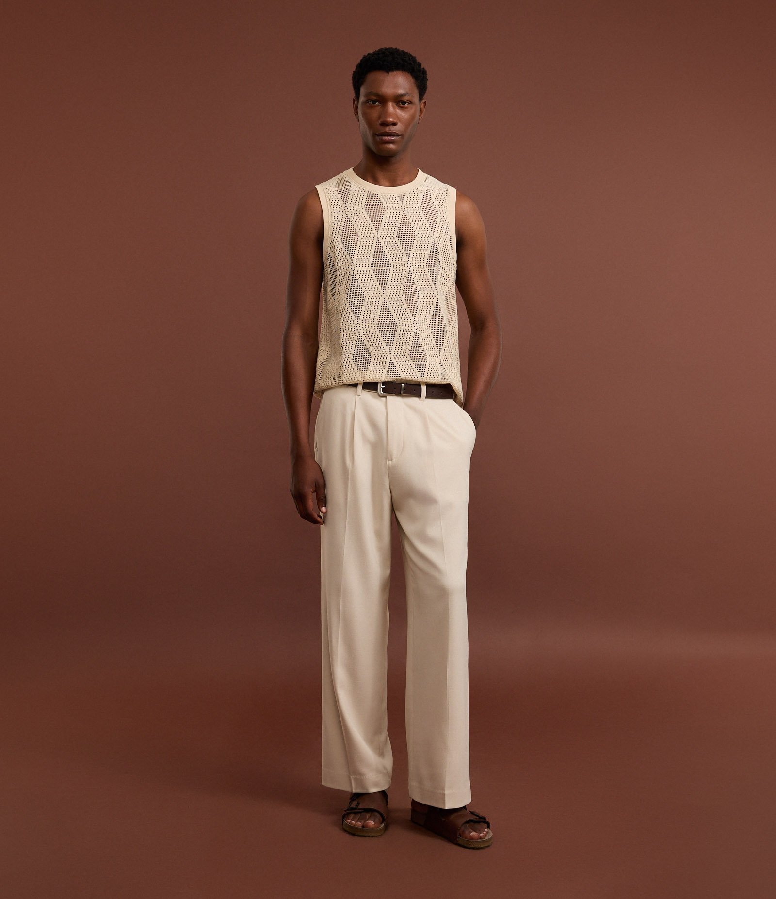 Regata Regular em Jacquard Telada com Textura Quadriculada Bege 2