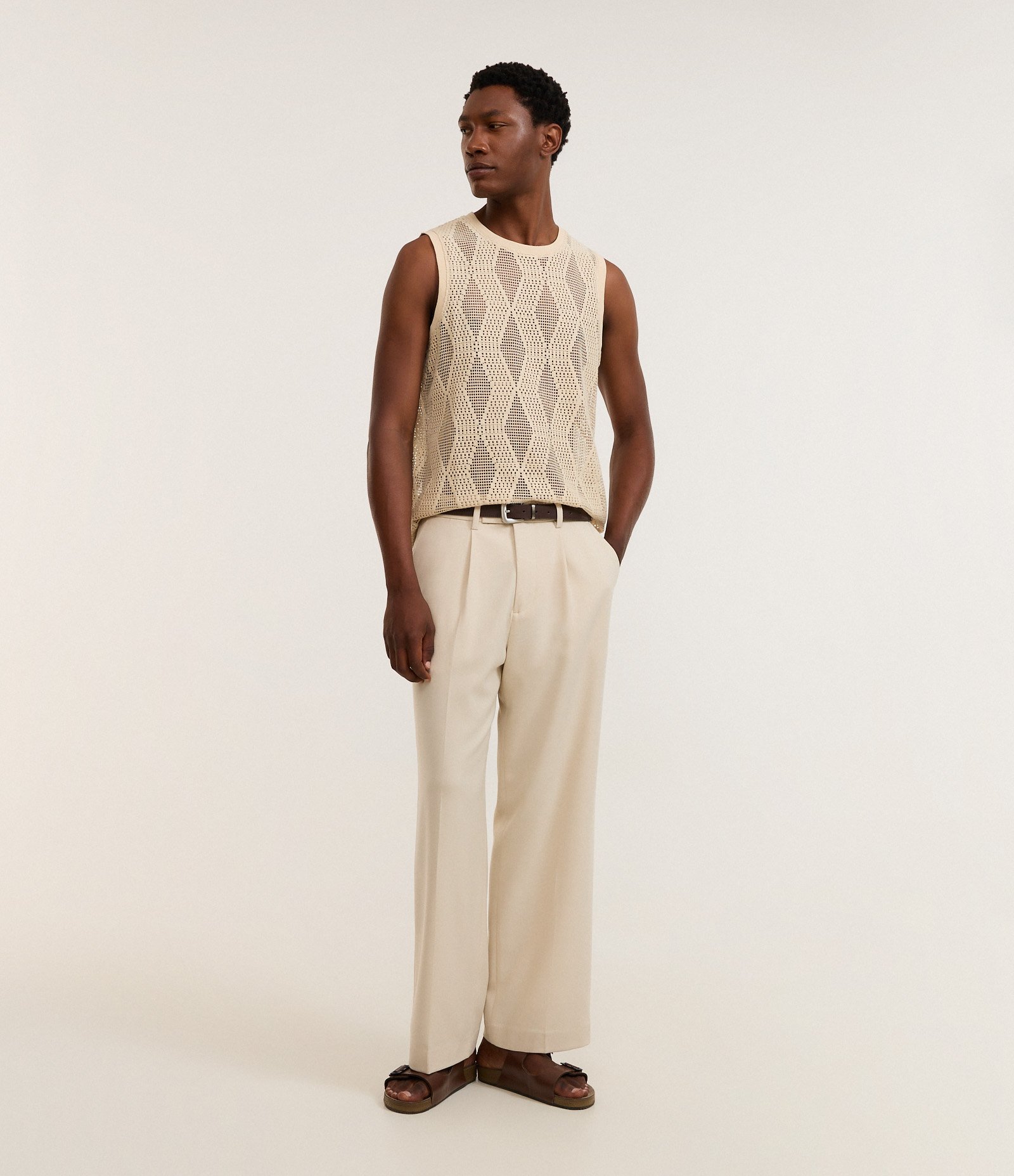 Regata Regular em Jacquard Telada com Textura Quadriculada Bege 5