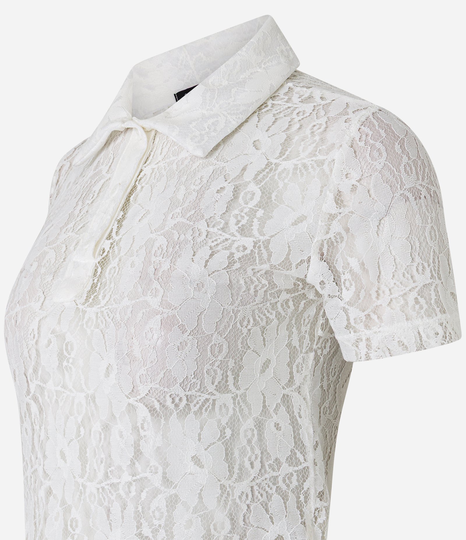 Blusa em Renda com Gola Polo e Textura Floral Branco 6