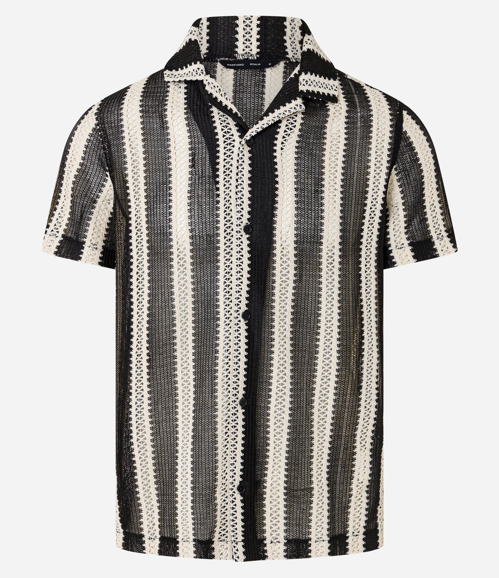 Camisa Regular em Renda com Estampa de Listras e Textura Preto/Branco 1
