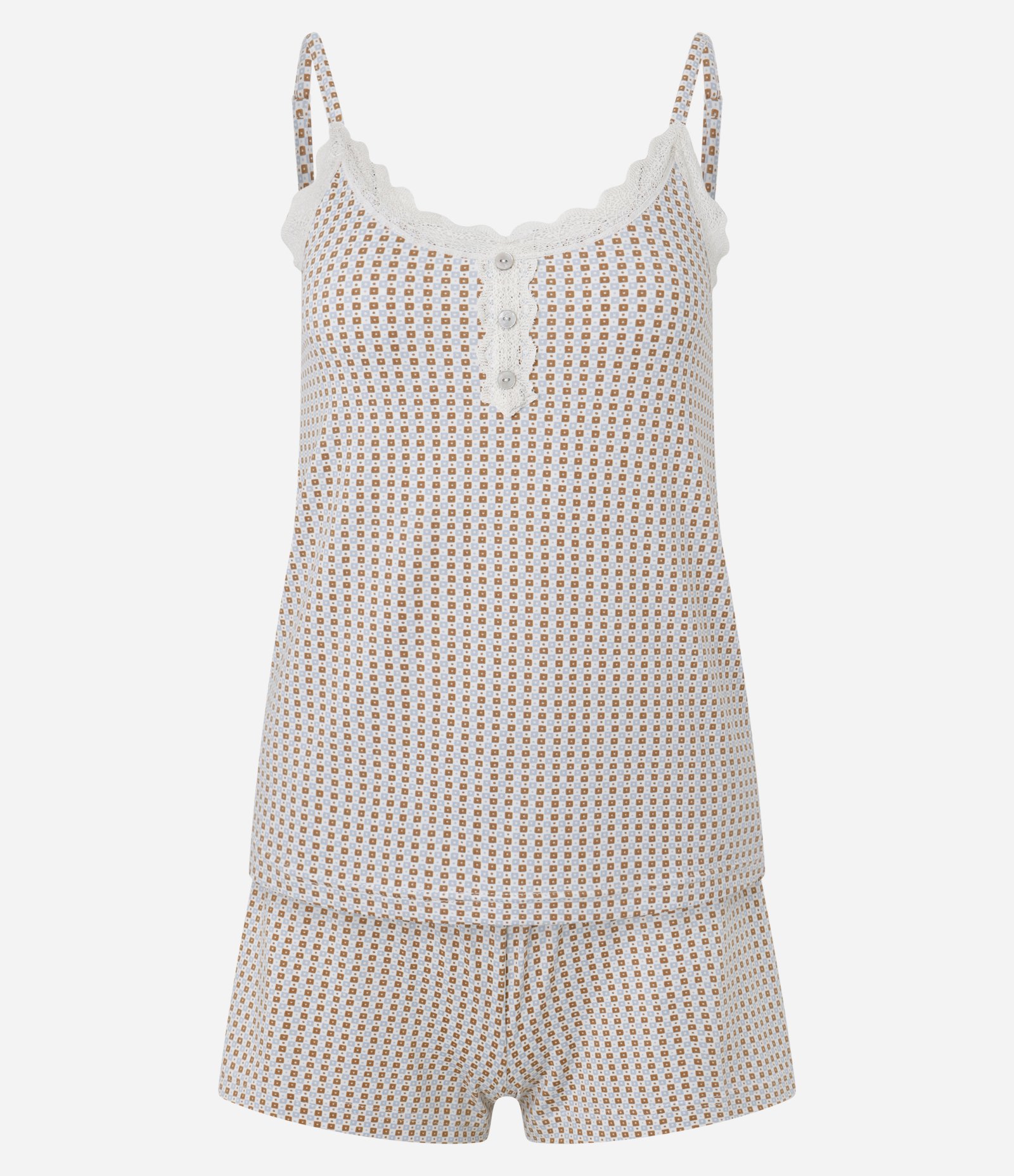Pijama Short Doll Quadriculado com Rendinha Off White 4