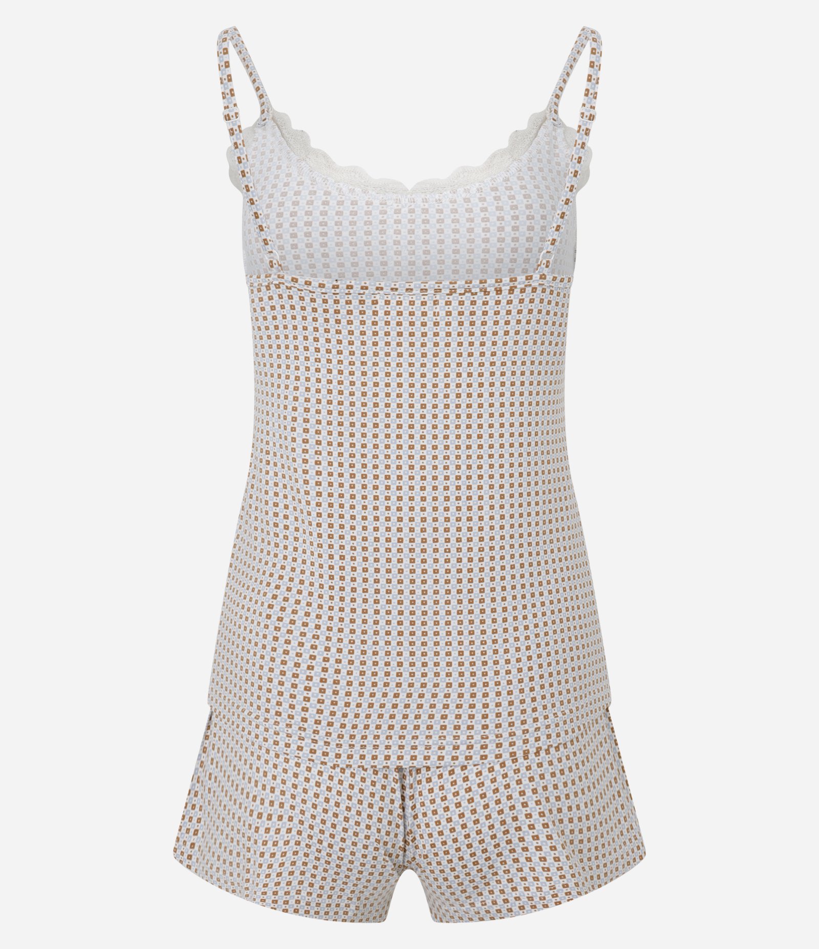 Pijama Short Doll Quadriculado com Rendinha Off White 6