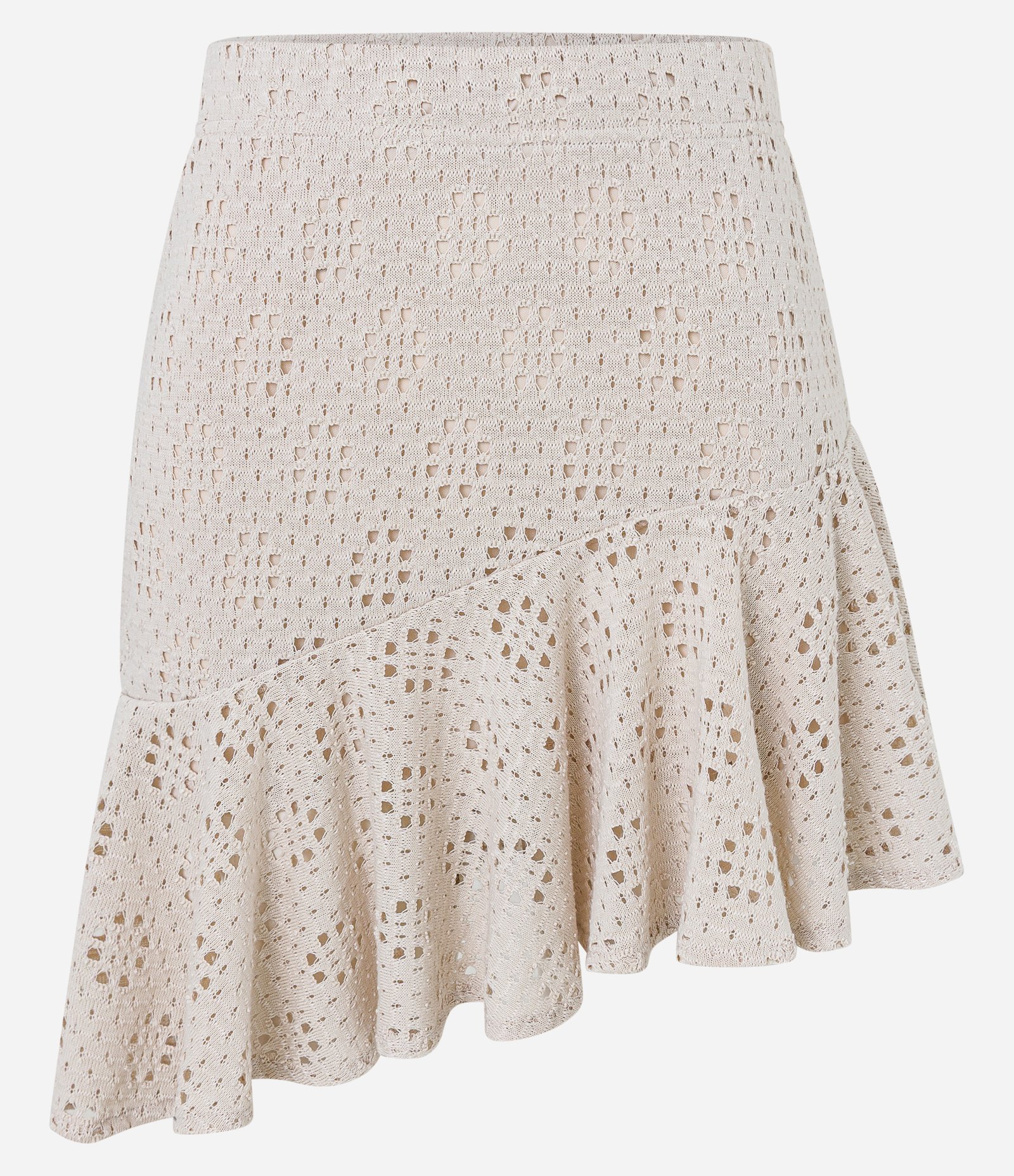 Saia Ajustada Curta com Ponto Vazado e Barra de Babado Bege 8