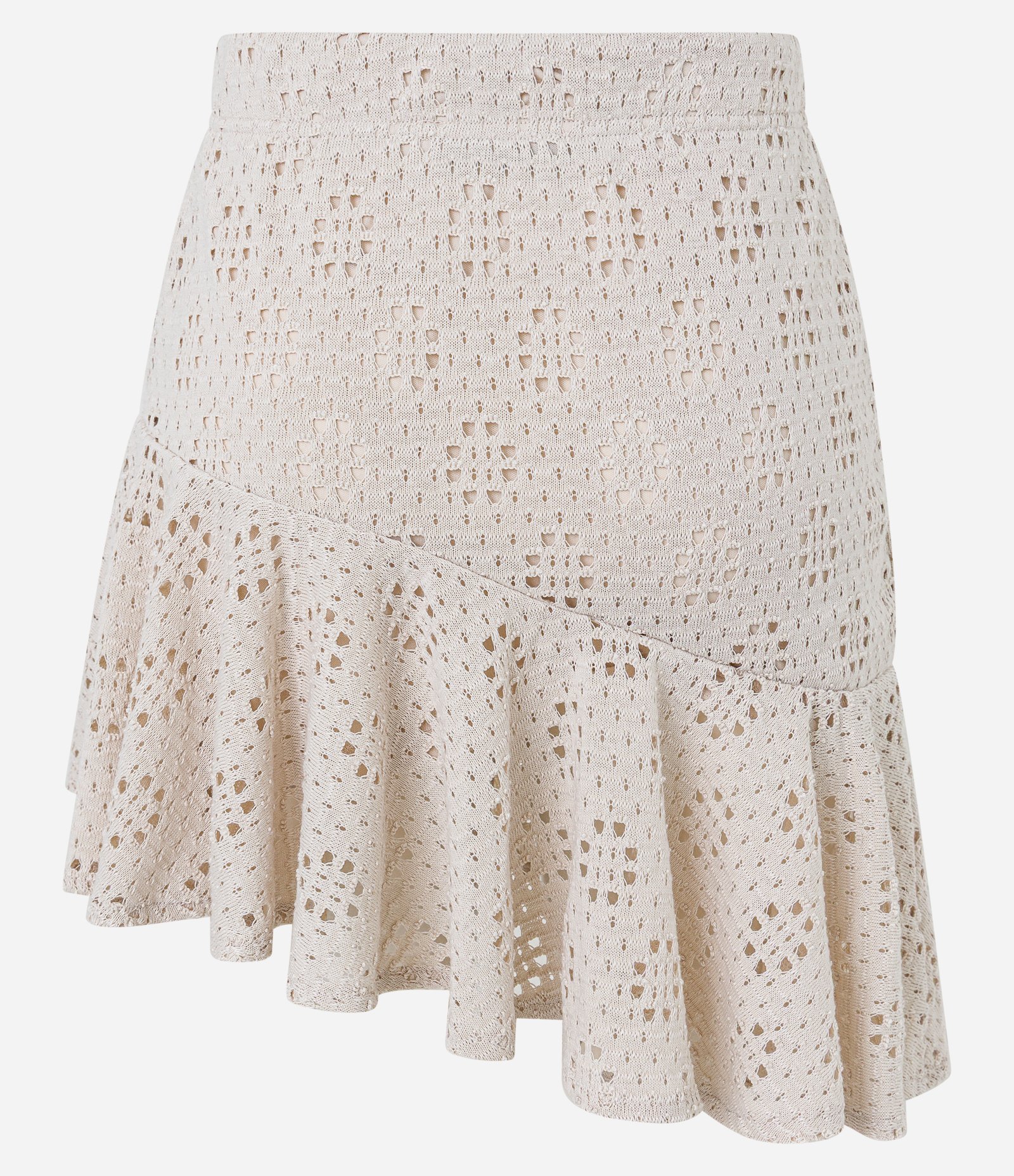 Saia Ajustada Curta com Ponto Vazado e Barra de Babado Bege 10