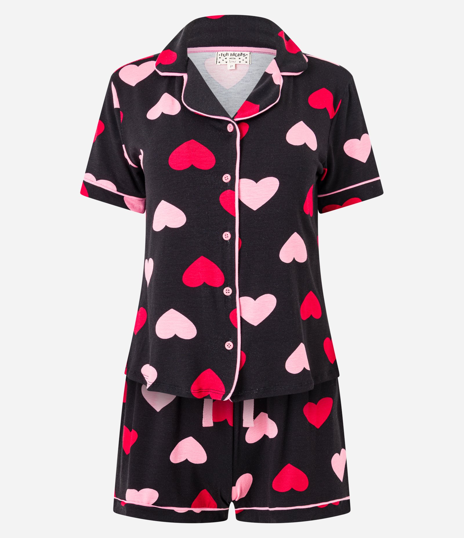 Pijama Americano Short Doll em Viscose com Estampa de Corações Preto 4