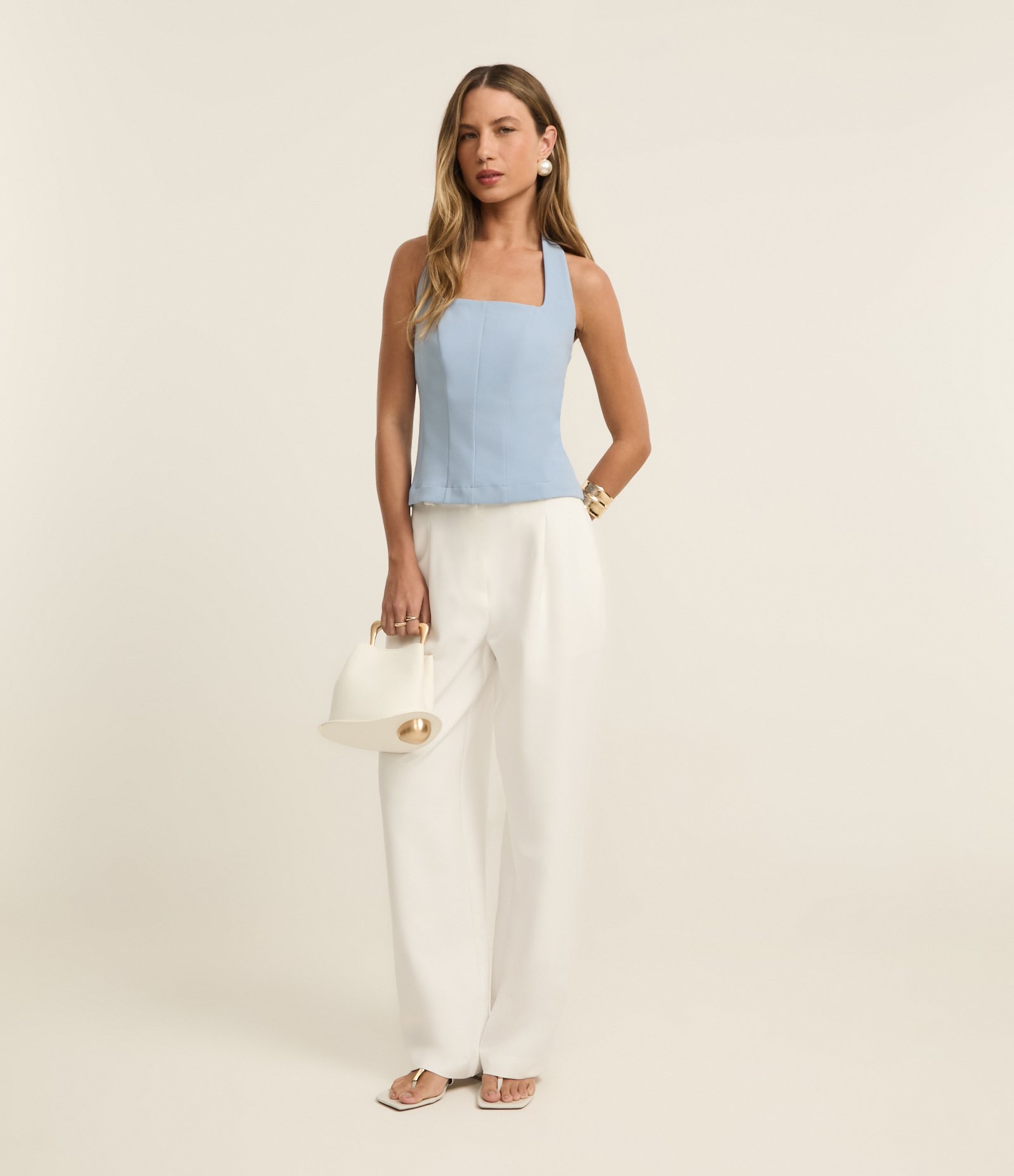 Blusa Frente Única Curta em Crepe com Decote Quadrado Azul 2