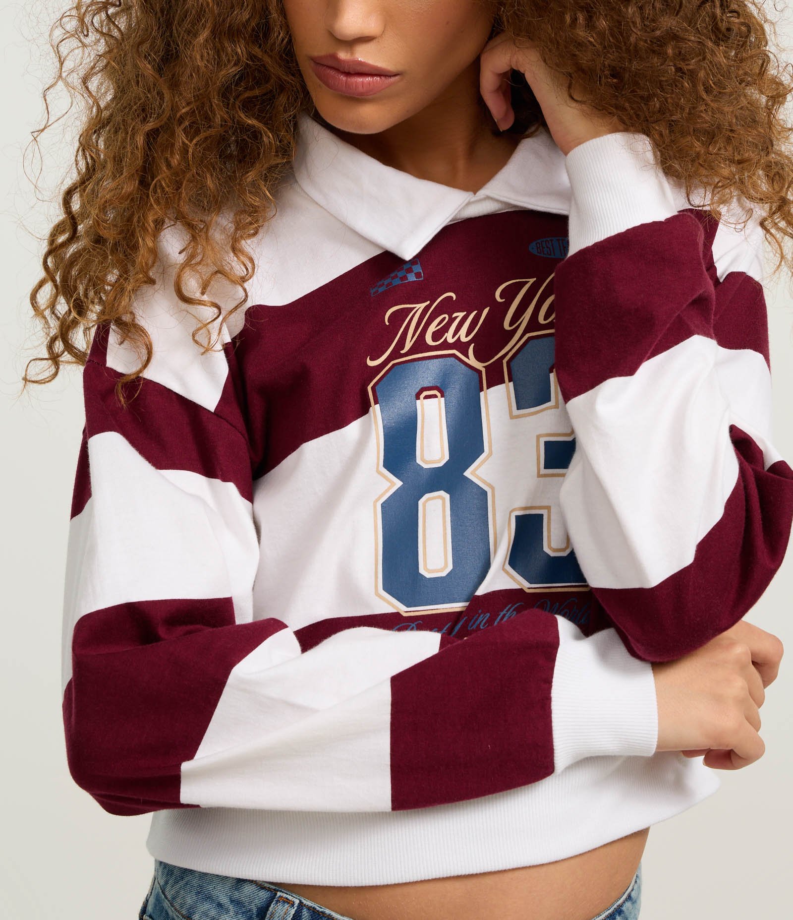 Blusa Sportcore com Gola Lapela e Listras Bold Branco/Bordô 4