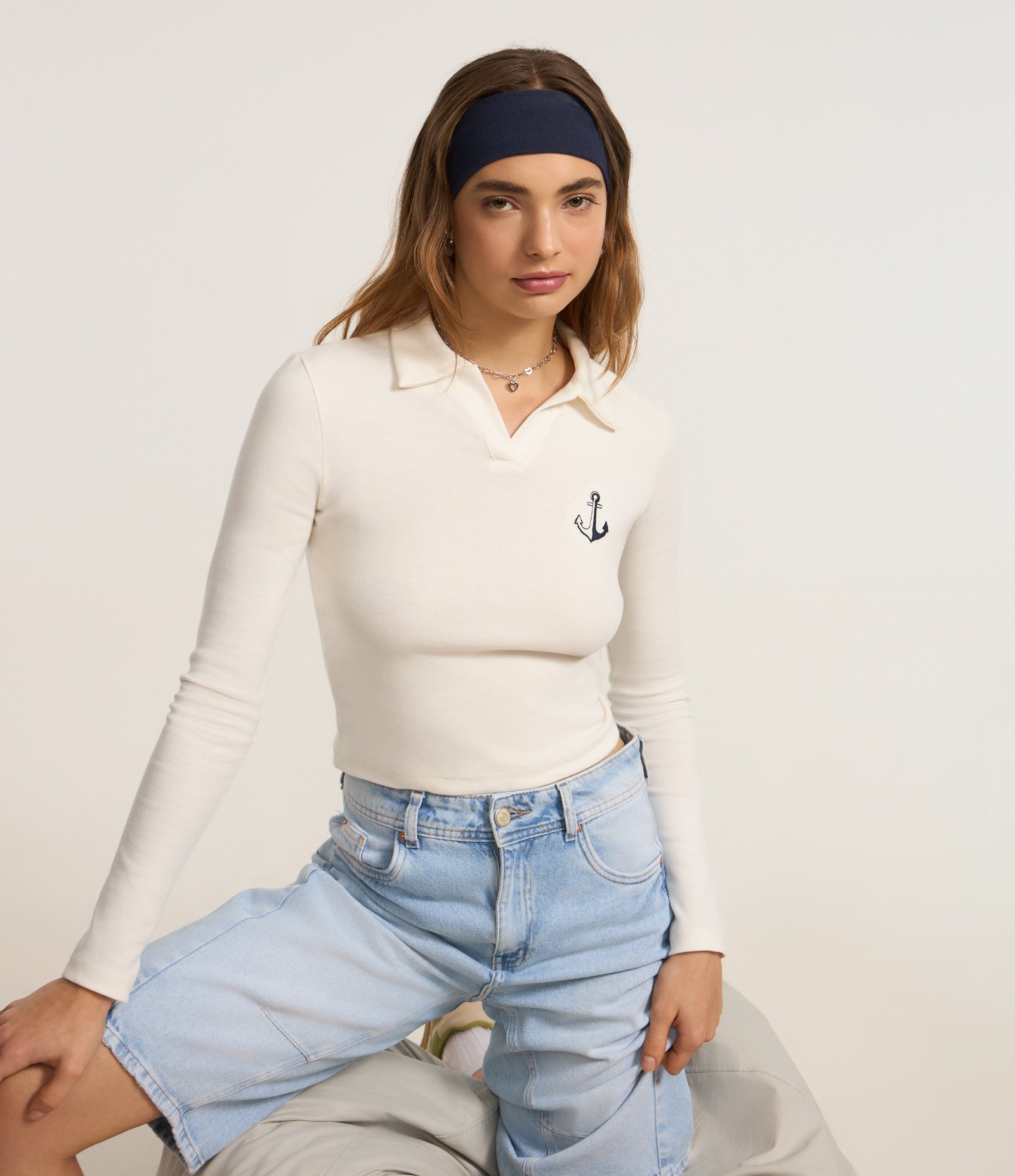 Blusa em Algodão com Gola Polo e Bordado de Ancora Branco 1