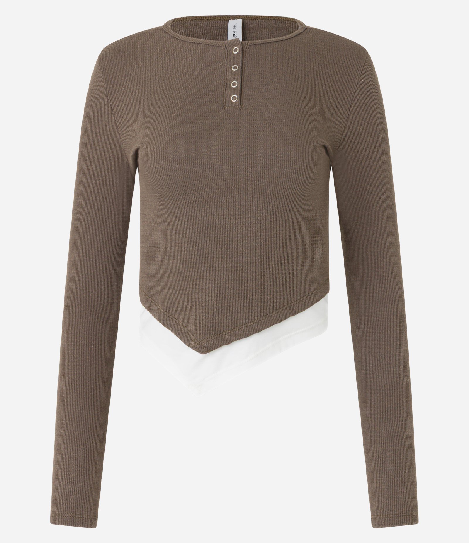 Blusa em Ribana com Botões Frontais e Barra Assimétrica Sobreposta Marrom 5