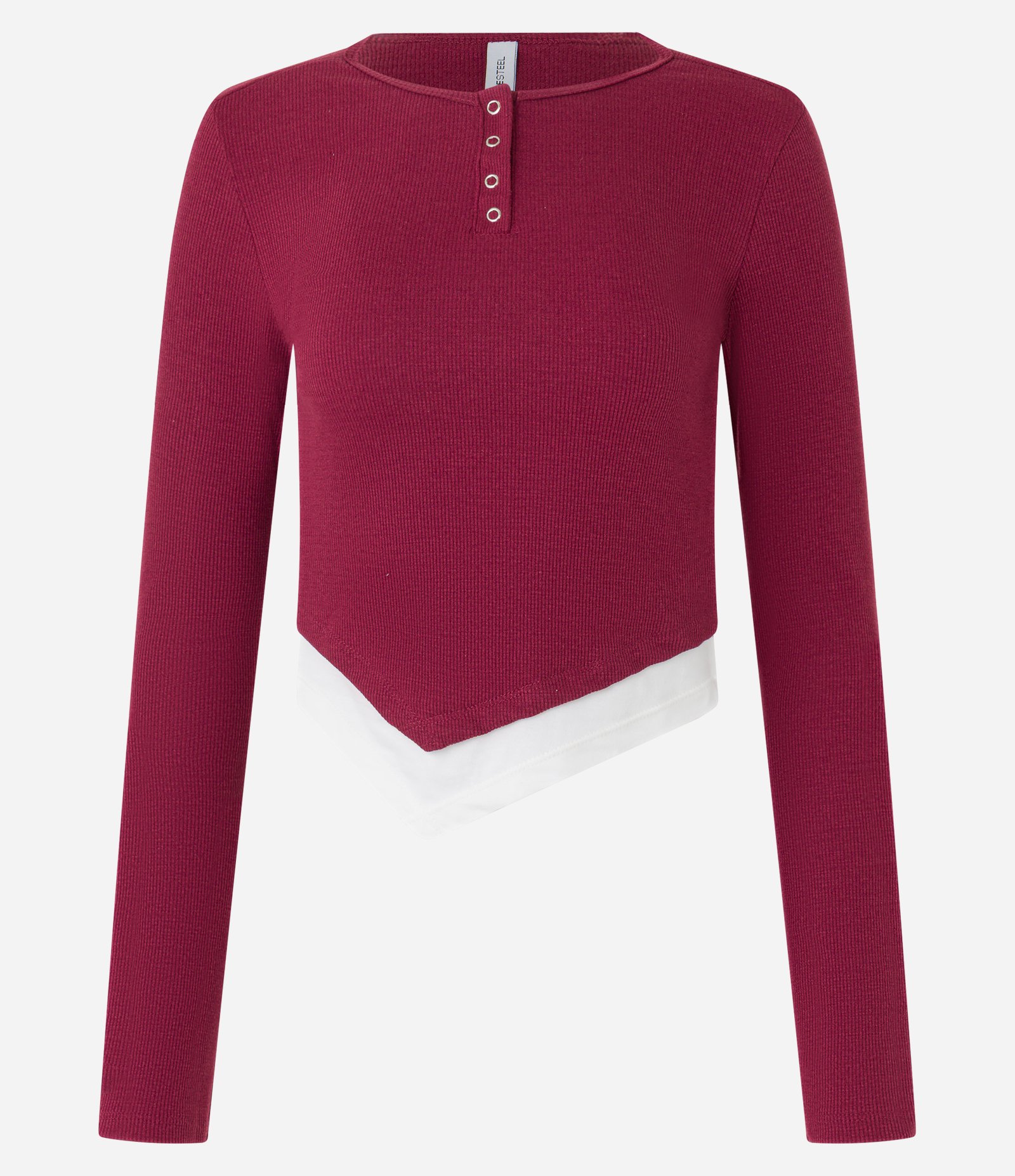 Blusa em Ribana com Botões Frontais e Barra Assimétrica Sobreposta Bordô 4